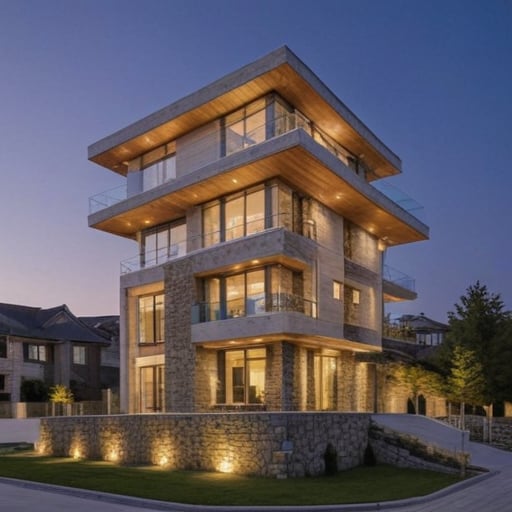 real architecturezz photo a espectacular modern house, in the city, whit wood and stone finishes <lora:Real architecture 1.8:0,9>, perfect photo of high tech cupola building, beautiful place, extremely detailed, aesthetic, vibrant, evening, striking design