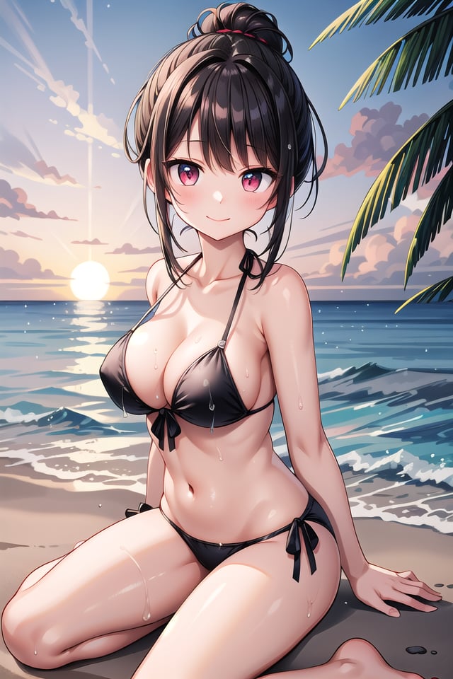 insanely detailed, absurdres, ultra-highres, ultra-detailed, best quality,1girl, solo, nice hands, perfect handsBREAK(wearing swimwear:1.3)BREAKseductive smile, closed mouth,sitting on sand of beach, seductive pose, cowboy shotBREAKslender, kawaii, perfect symmetrical face, ultra cute girl, ultra cute face, ultra detailed eyes, ultra detailed hair, ultra cute, ultra beautifulBREAKEvening sea Capture the mesmerizing beauty of the ocean as the sun sets, painting the sky with warm hues, depth of field, ultra detailed backgroundBREAKmedium large breasts, , extremely detailed navel, (wet skin:1.2), (shiny skin:1.3)BREAKblack hair, red eyes, topknot,