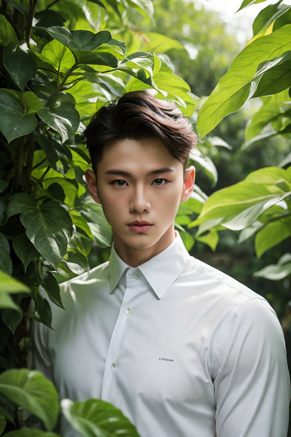 masterpiece,1 Boy,Handsome,Facing the audience,Shut up.,Muscular development,White shirt,Outdoor,Green leaves,Portrait,Front,textured skin,super detail,best quality,surreal photography,fine polished,modified,enchanted,