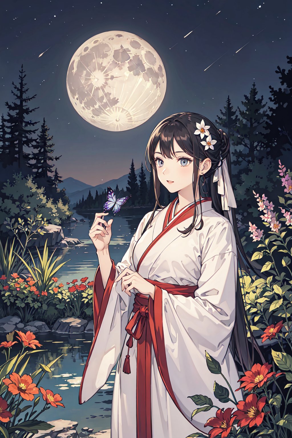 best quality,oriental_detailed background,girl,detailed_hand,garden,glass, flower, butterfly,night, moon,oreintal wear,