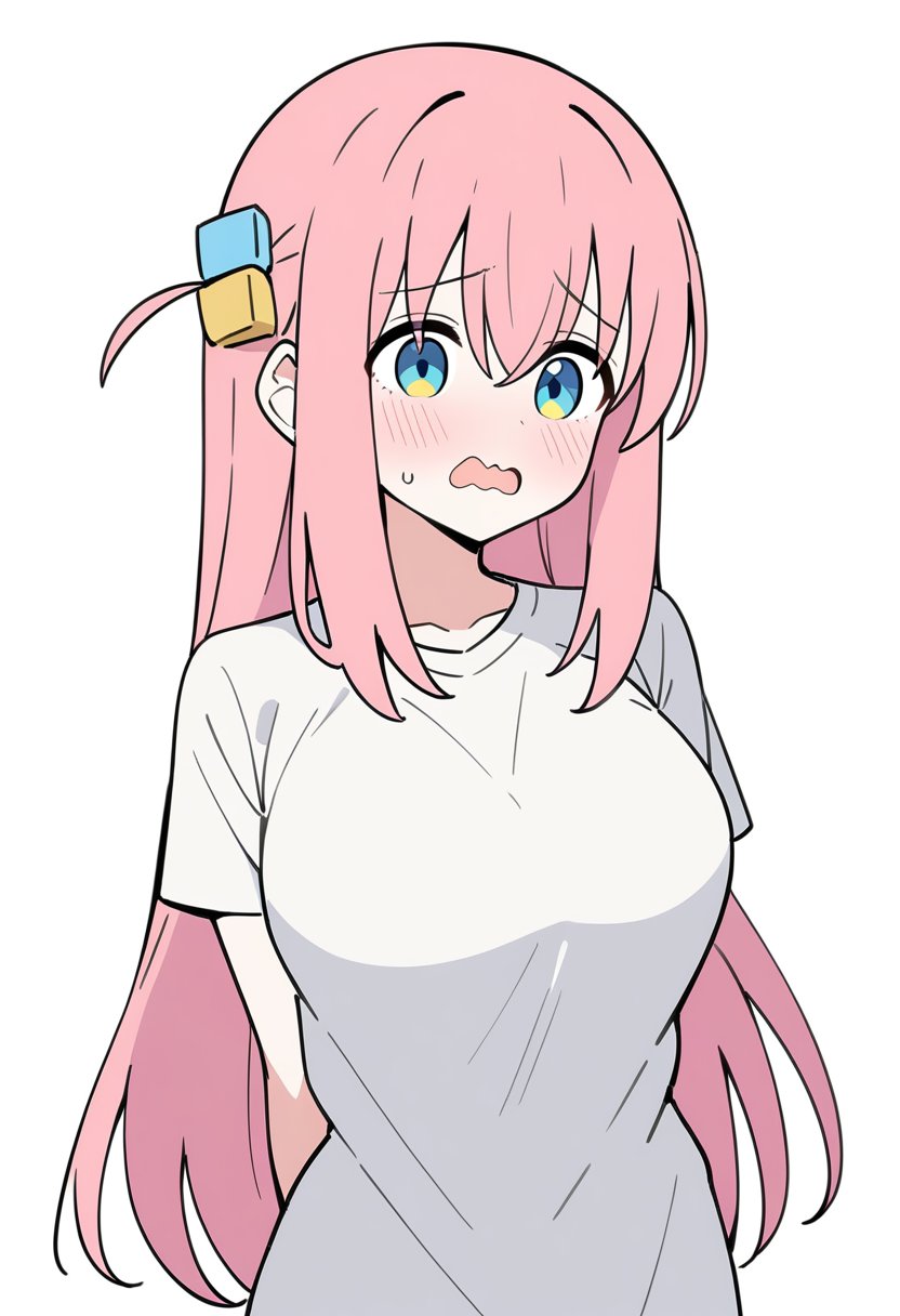 1girl, solo, gotoh hitori, bocchi the rock!, lineart, flat color, long hair, pink hair, blue eyes, large breasts, white shirt, t-shirt, open mouth, wavy mouth, arms behind back,white background,masterpiece, best quality, very aesthetic, absurdres,