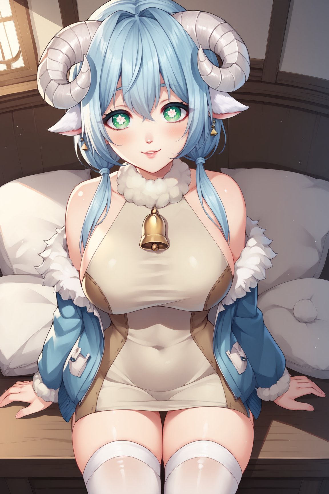 score_9, score_8_up, score_7_up, score_6_up, score_5_up, score_4_up, KotoneAsahiVTXL, green eyes, white pupils, flower shaped pupils, blue hair, short hair, twintails, hair between eyes, sheep ears, curled horns, large breasts, bare shoulders, blue jacket, fur trim, white dress, neck bell, white thighhighs, solo, sitting, seductive smile, looking at viewer, indoors <lora:KotoneAsahiVTXL:0.8>