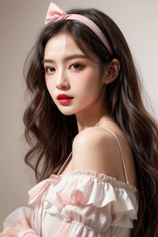 (fashion photography:1.3), (sweet:1.2), ((nail polish, eyeliner, eyelashes, lipstick, makeup)), The girl has long, (wavy hair with a mix of pink and white colors:1.1), which gives off a soft and whimsical vibe. They are wearing what appears to be a light-colored, possibly pink, top with a ruffled neckline. The person is also adorned with accessories that include a headband with a bow and what looks like a feather or a decorative element on the side. The overall aesthetic is very cute and playful, with a focus on pastel colors and a fantasy-like quality. The background is simple and does not distract from the subject, which is the person's face and upper body, <lora:add_detail 3:1>