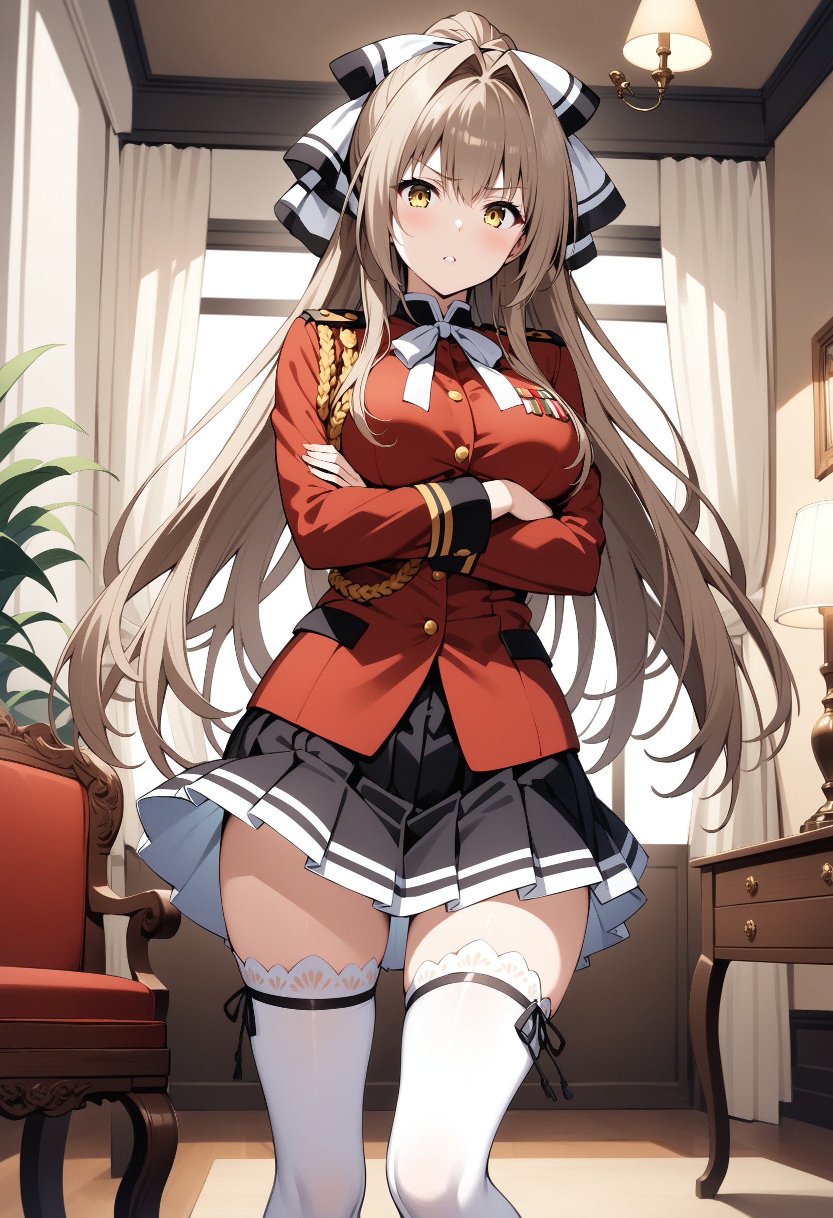 masterpiece, best quality, very aesthetic, absurdres,1girl, sento isuzu, amagi brilliant park, brown hair, yellow eyes, aiguillette, red coat, neck ribbon, pleated skirt, white thighhighs, long sleeves, uniform, sleeve cuffs, crossed arms, indoors, curtain, lamp, flower, windows, tassel, chair,