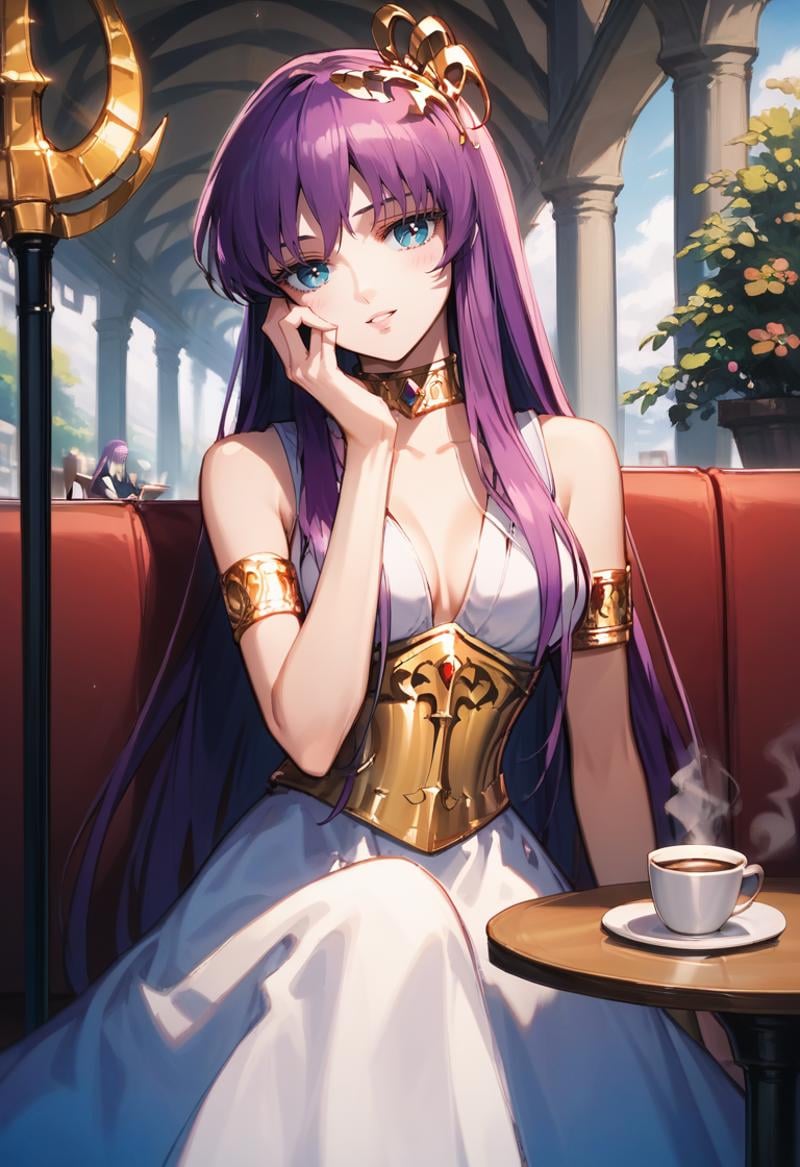 score_9, score_8_up, score_7_up, best quality, intricate details, source anime, rating explicit, BREAKsitting, cafe, table, coffee, cup,  hand on own face, love gaze, blush, parted lips, light smile, head tilt, athenakido, purple hair, long hair, aqua eyes, sleeveless dress, <lora:SaoriKido_Pony_v02-10:1> corset, armlet, crown, staff nike, choker, 