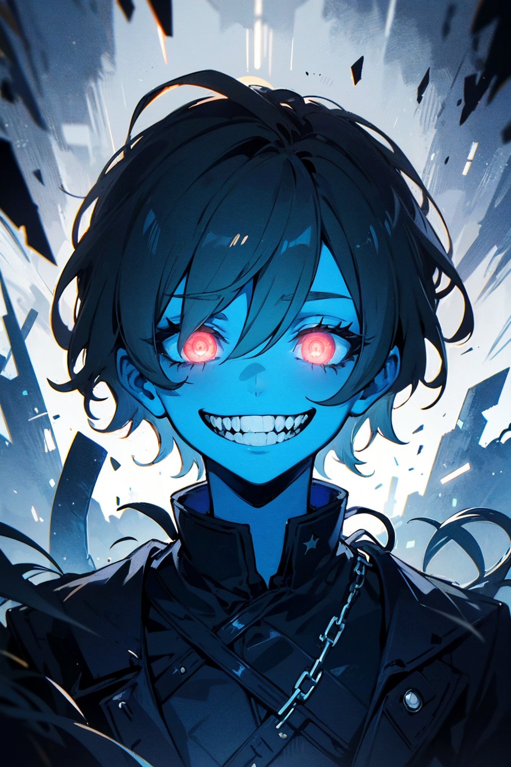 masterpiece,best quality,ultra high res,1boy,(glowing_eyes:1.2),evil_smile,fangs,sharp teeth,A caring therapist who uses her skills to help others overcome personal struggles and grow.,Dark Blue theme,Cut out composition,<lora:复仇之眼-v2:0.3>,Product View,horror \(theme\),