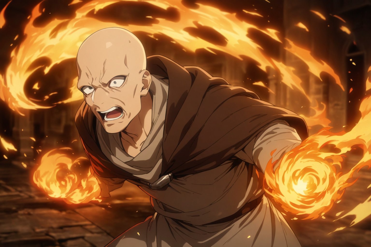 fighting, fire magic, diru,1man, solo, cowboy shot, bald hair, ugly man, brown mantle, mature male,grey tunic, jodhpur pants, black eyes, (masterpiece, 16k, high-quality, breathtaking, highres, ultra detailed), (perfect face) (high-quality, breathtaking, highres, ultra detailed), (expressive eyes, perfect face)  <lora:diru>