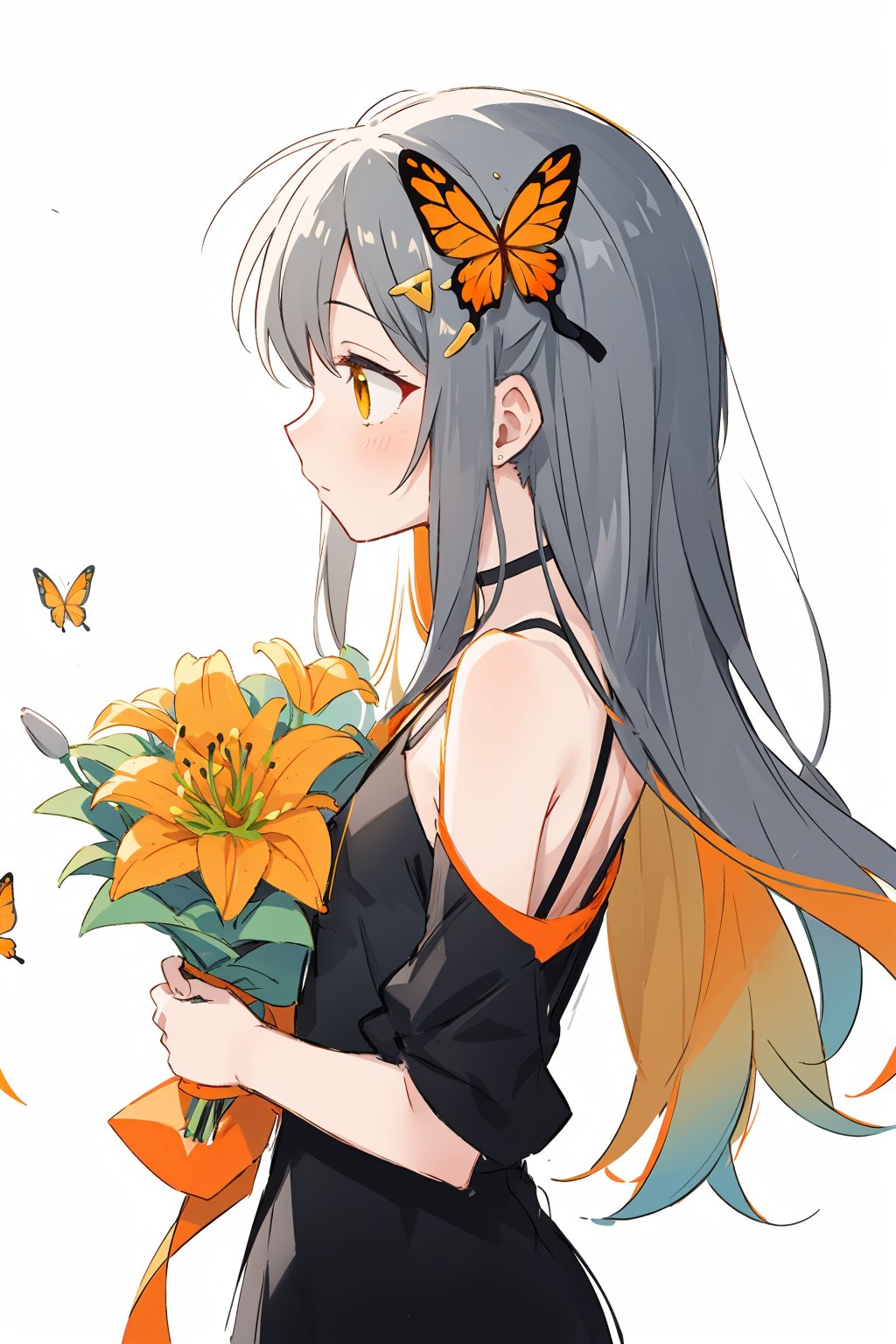 butterfly hair ornament,flat chest,(ambiguous gender:1.2),plain clothes,holding a bouquet of lilies,(from side:0.7) (sketch:1.3),charcoal drawing,rough drawing,selective color monochrome((White, Yellow, Orange)),partial coloring,golden edge,