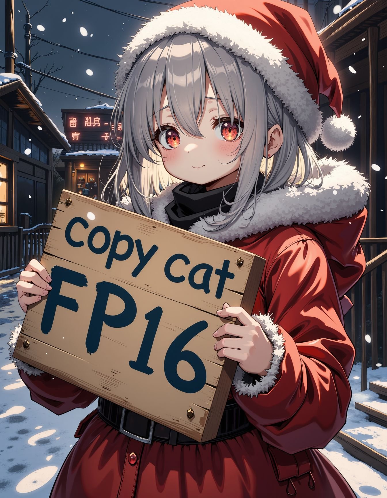 1girl clothed santa costume holding sign with "copycat FP16" written,snowing