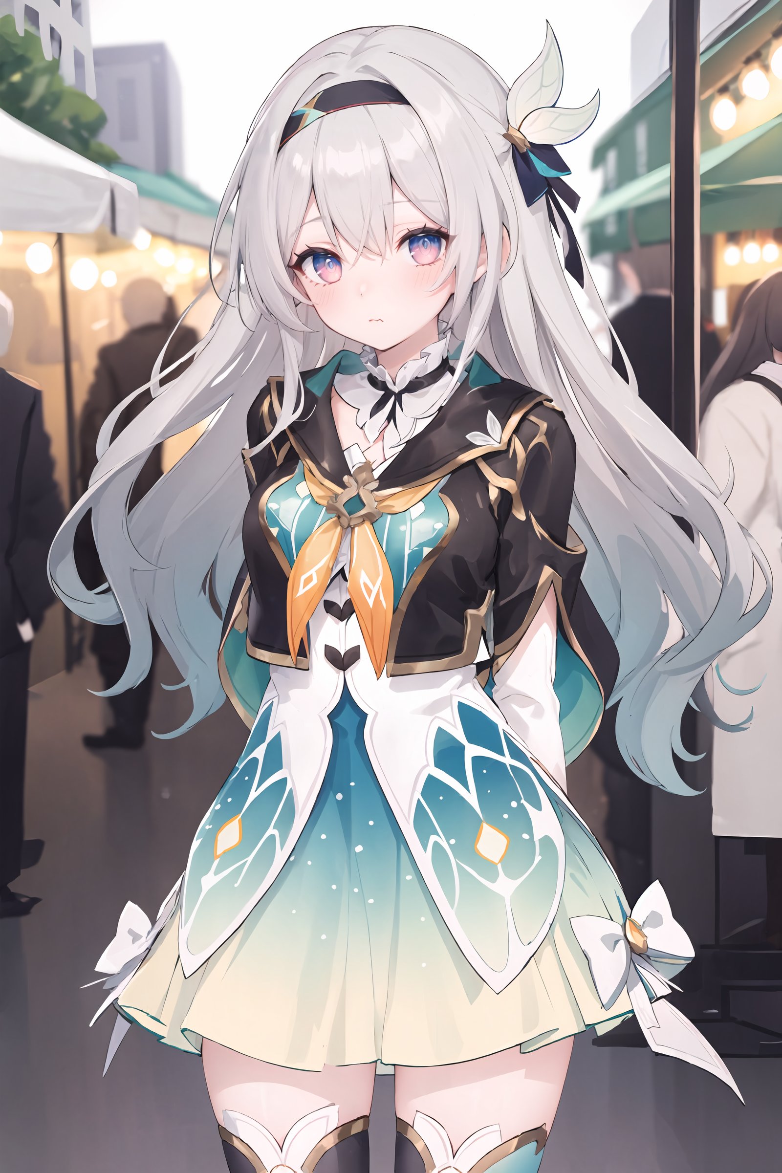 1girl, firefly \(honkai: star rail\), solo, black thighhighs, hairband, gradient skirt, hair ornament, blouse, frilled collar, cropped jacket, yellow neckerchief, cowboy shot, standing, street, night, bokeh, market, looking at viewer, blush, pout, arms behind back