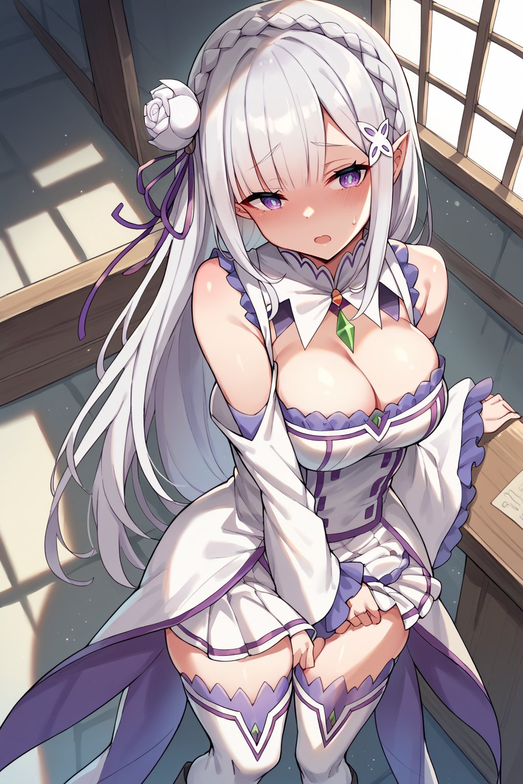 score_9, score_8_up, score_7_up, score_6_up, Emilia, white dress, 1girl, white thighboots, zettai ryouiki,  purple ribbon, x hair ornament, white rose, deep skin, skindentation, purple eyes, blue pupils, pinty ears, colored pupils, cleavage, large breasts, silver hair, medium breasts, standing,  <lora:Emilia-XL-V7-000002:1>