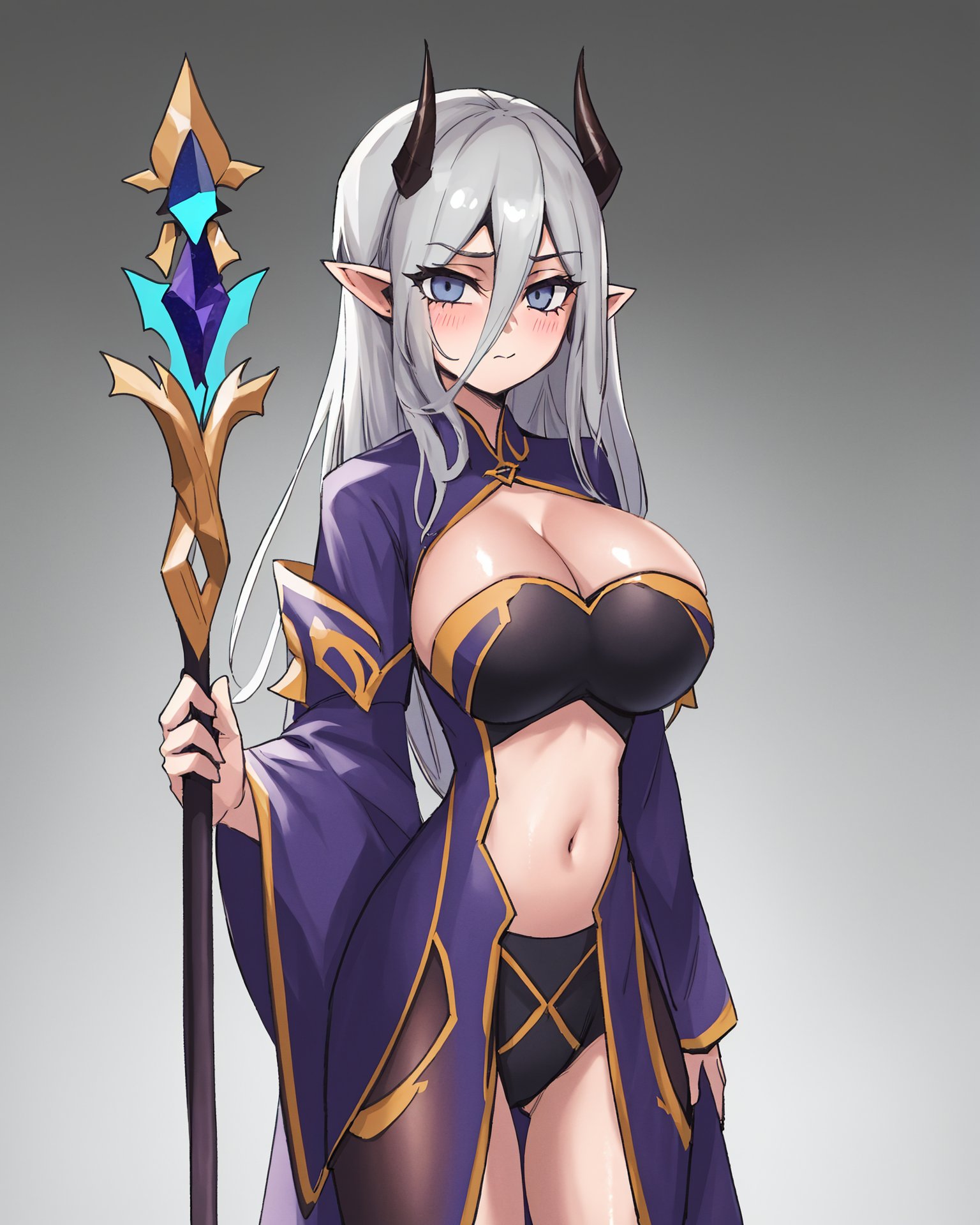 1girl, solo, horns, long hair, pointy ears, looking at viewer, closed mouth, large breasts, breasts, cleavage, ass visible through thighs, hair between eyes, navel, holding weapon, staff, gradient, grey background, gradient background, cowboy shot,best quality,amazing quality,very aesthetic,absurdres,