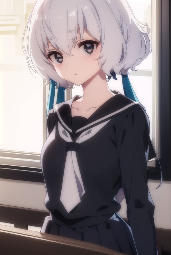 junkokonno, <lora:junko konno s2-lora-nochekaiser:1>,junko konno, low twintails, (black eyes:1.5), twintails, white hair,BREAK sailor dress, serafuku, skirt, school uniform, white necktie, necktie, long sleeves,BREAK looking at viewer, full body,BREAK indoors, classroom,BREAK <lyco:GoodHands-beta2:1>, (masterpiece:1.2), best quality, high resolution, unity 8k wallpaper, (illustration:0.8), (beautiful detailed eyes:1.6), extremely detailed face, perfect lighting, extremely detailed CG, (perfect hands, perfect anatomy),