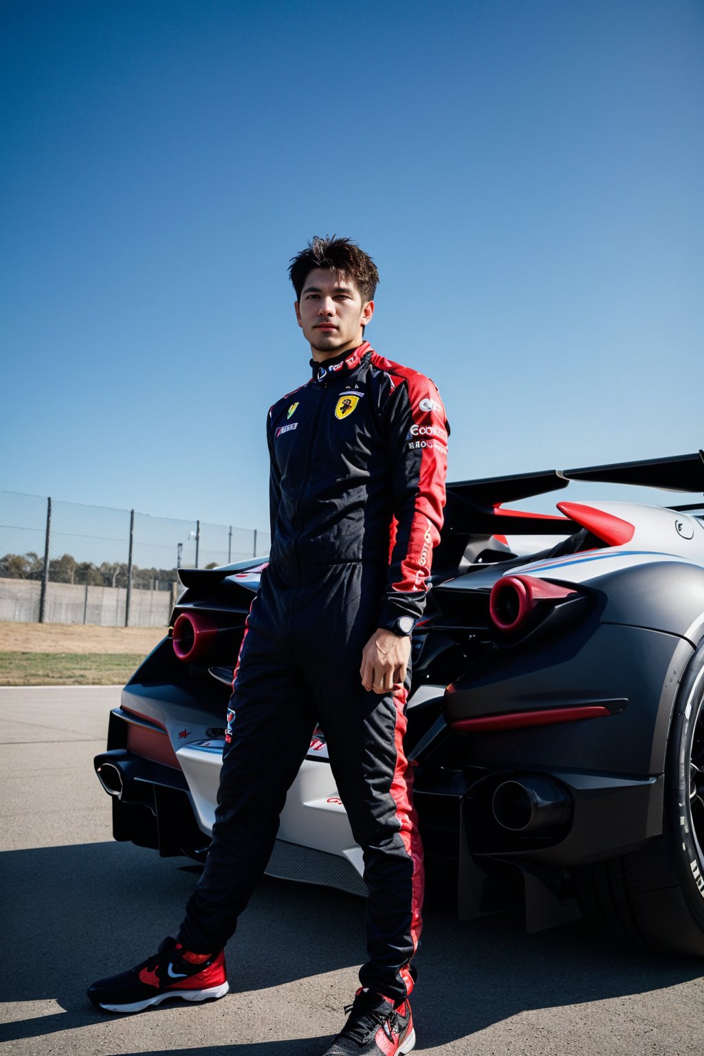 adult man, posing to viewer, solo:1, pov, (face upward:0.37), ferrari F1 background, long shot, full body, sport suit