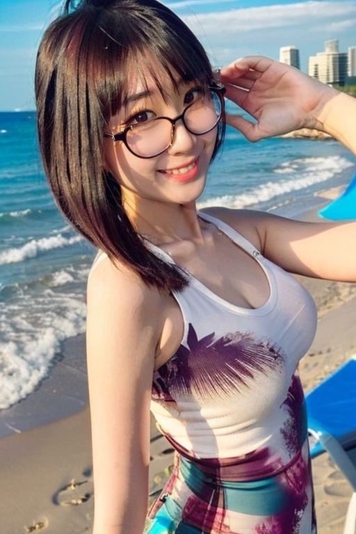 larissa, slender asian girl, glasses, happy face, playing at beach, <lora:Celeb_LarissaRochefort:0.8>, , masterpiece, (best quality:1.2), [:intricate details:0.2],