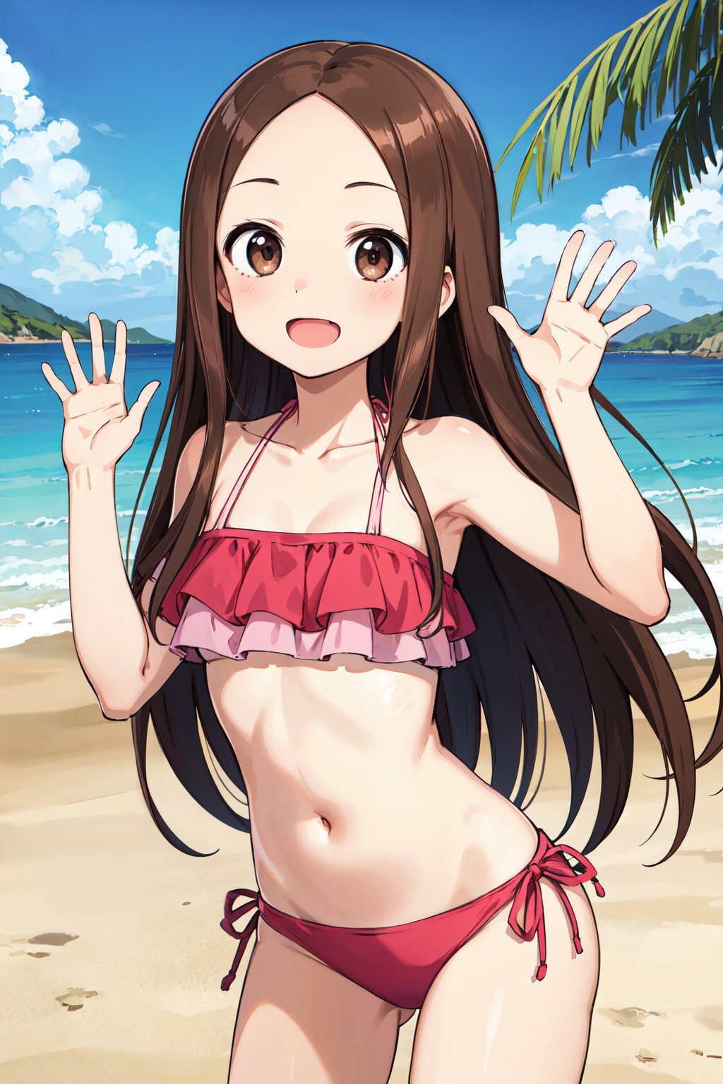 masterpiece, best quality, highres, 1girl, aatakagi, long hair, collarbone, swimsuit, pink bikini, frilled bikini, <lora:takagi-san_v1:0.7>, beach, cowboy shot, standing, smile, waving, open mouth, 