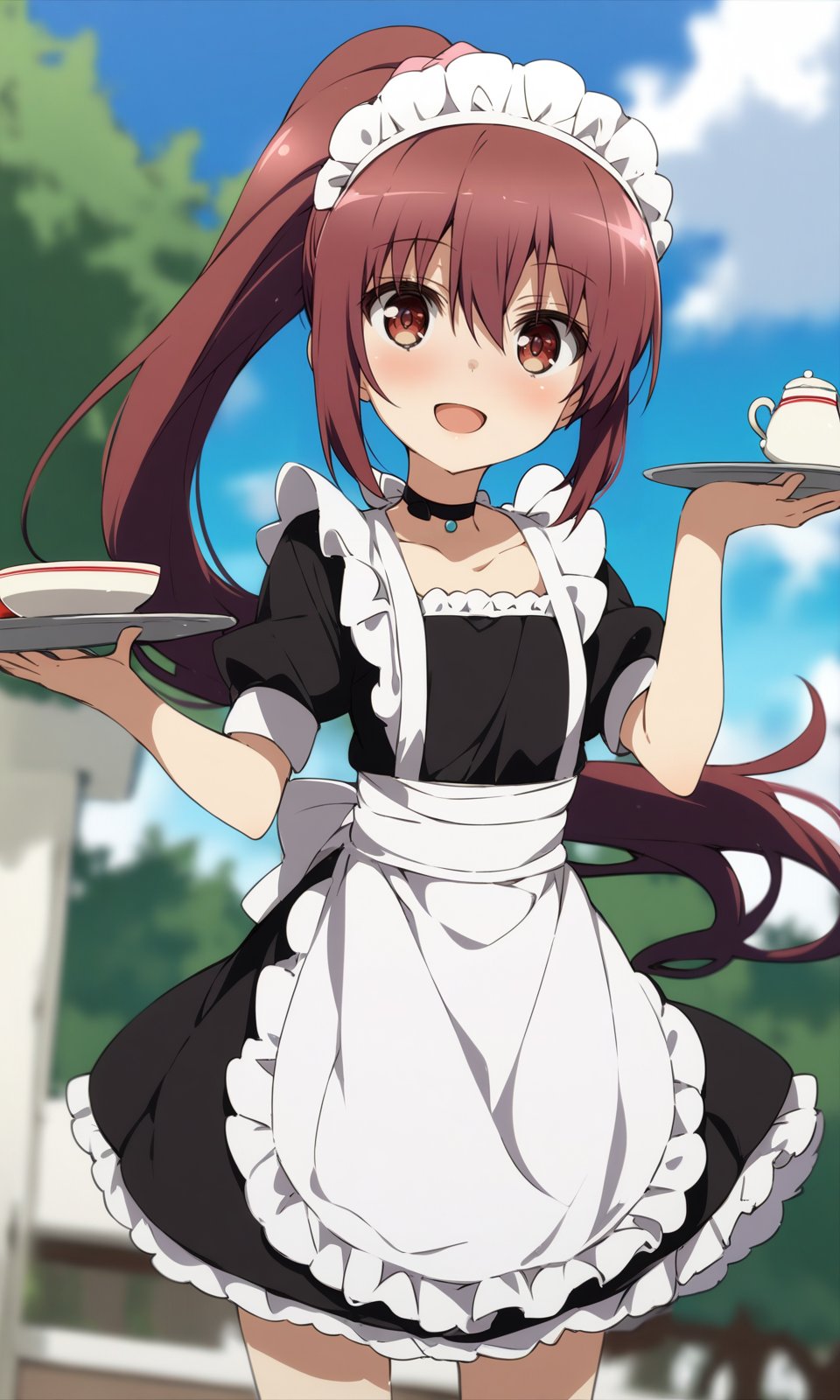 masterpiece, best quality, by ogipote, BREAKsuzukiikumi, 1girl, :d, alternate costume, apron, brown eyes, brown hair, choker, enmaided, frilled apron, frilled dress, frills, long hair, maid, maid apron, maid headdress, open mouth, plate, ponytail, red hair, sky, smile, solo, tray, white apron, <lora:SuzukiIkumi_XL:1>