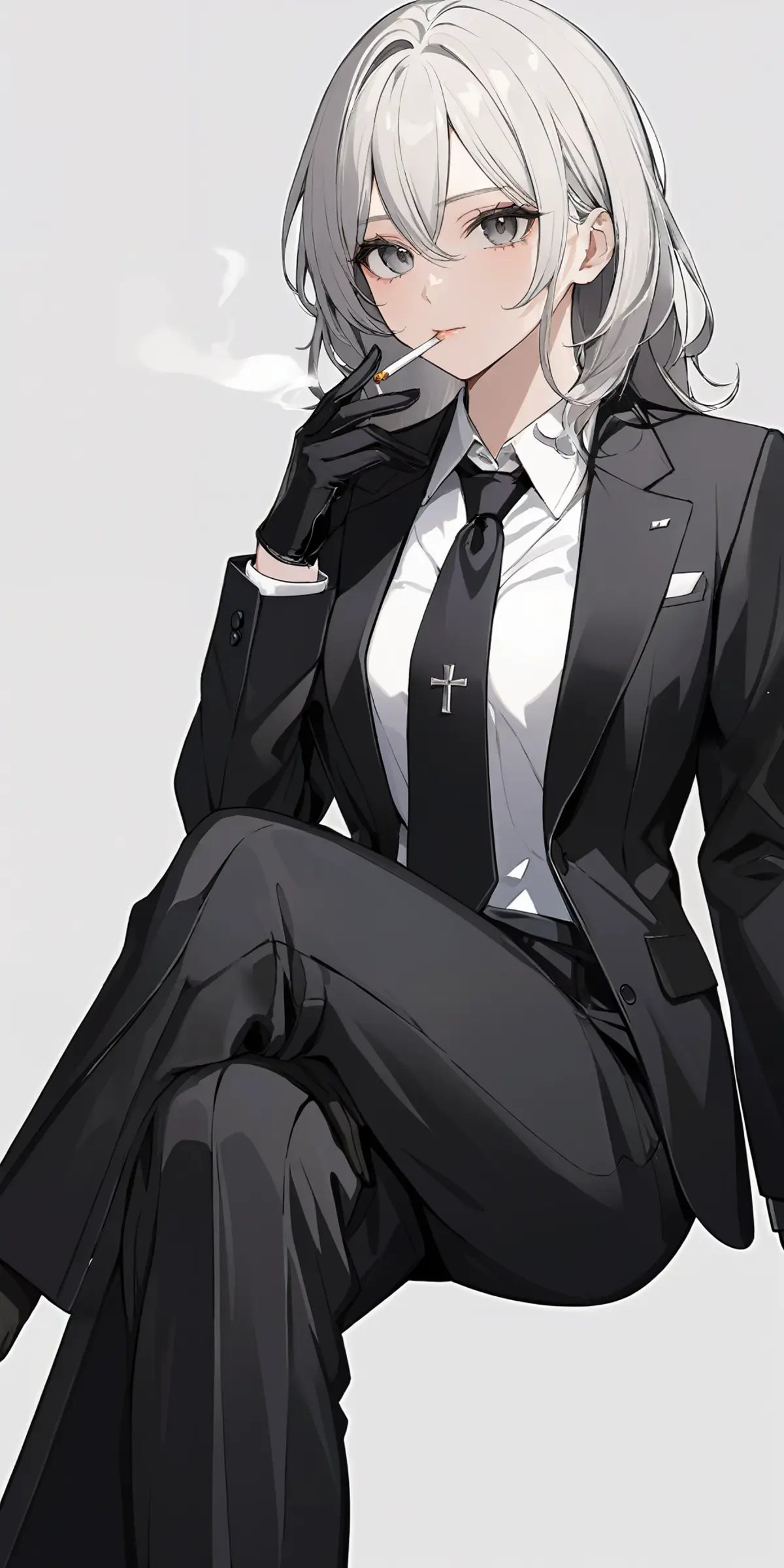 masterpiece,ultra-detailed,best quality,8K,illustration,cute face,clean skin ,shiny hair,girl,ultra-detailed-eyes,simple background, <lora:add-detail-xl:1>   <lora:suit pants_XL_V1.0:0.8> suit, necktie,pants,sitting,cross legs,black gloves,smoking