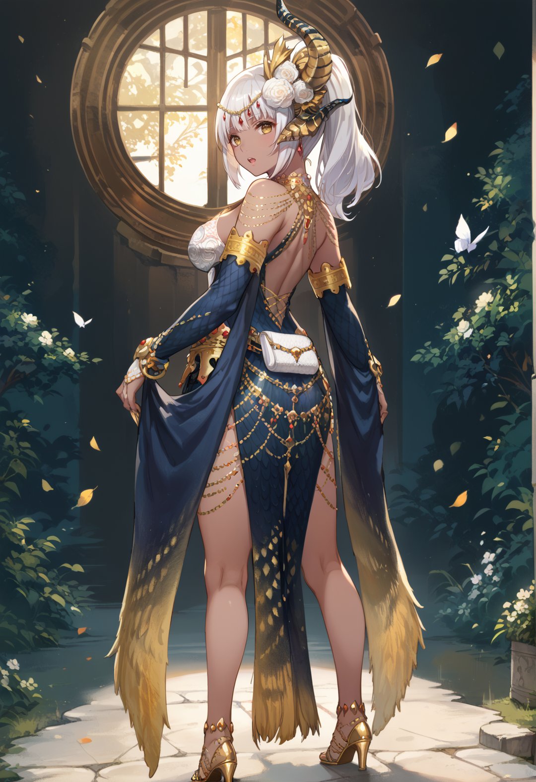 (score_9:0.9),score_8_up,score_7_up,rating_safe,anime style,(zPDXL),<lora:EX Kulve Taroth Beta Armor ponyXL v1.4:0.77>,1girl,solo,dark-skinned female,white hair,ponytail,long hair,single horn hair ornament,looking at viewer,yellow eyes,short hair,open mouth,cleavage,large breasts,medium breasts,ex kulve taroth beta armor,gold high heels,from behind,looking back,legs,thick thighs,