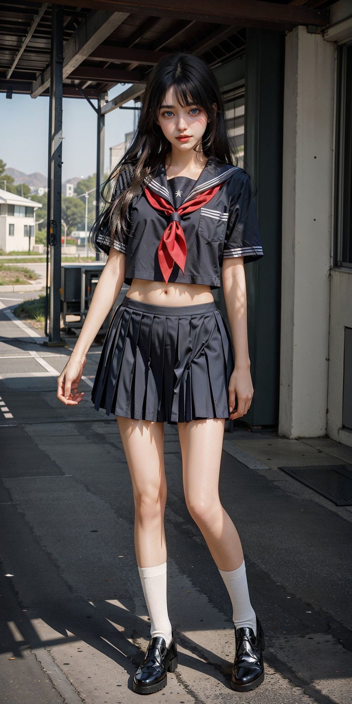 <lora:serafuku_64_60minus40epoches:0.8>, 1girl, serafuku, (black school shirt, neckerchief, short sleeves, stomach cutout, navel), (red short pleated school skirt), (thighs), white socks, black shoes, full body, standing, (masterpiece, high quality, best quality), (colorful),(delicate eyes and face), volumatic light, ray tracing, extremely detailed CG unity 8k wallpaper, black hair, low-tied long hair, blue eyes, realistic,photorealistic, cowboy shot, outdoors, school, school buildings