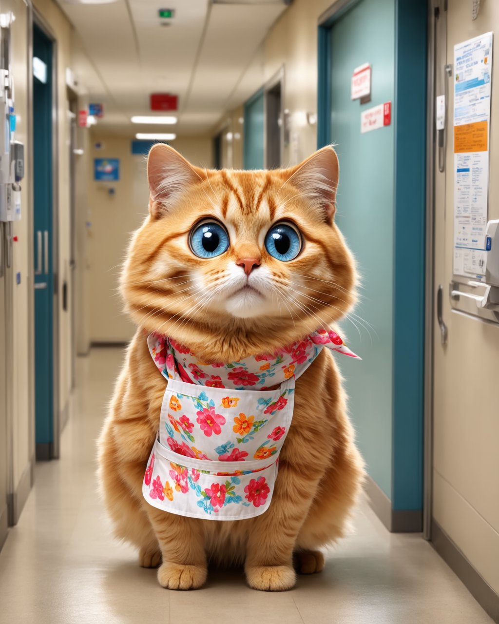 Mimi, a caring, plump mother cat with a fluffy, bright orange coat and large blue eyes, wearing a floral patterned bandana and matching apron, standing in a hospital corridor, looking utterly confused. Her expression is full of disbelief and wonder, with her eyebrows raised and mouth slightly open in a questioning look. The background is a hospital setting, designed in the style of Pixar.