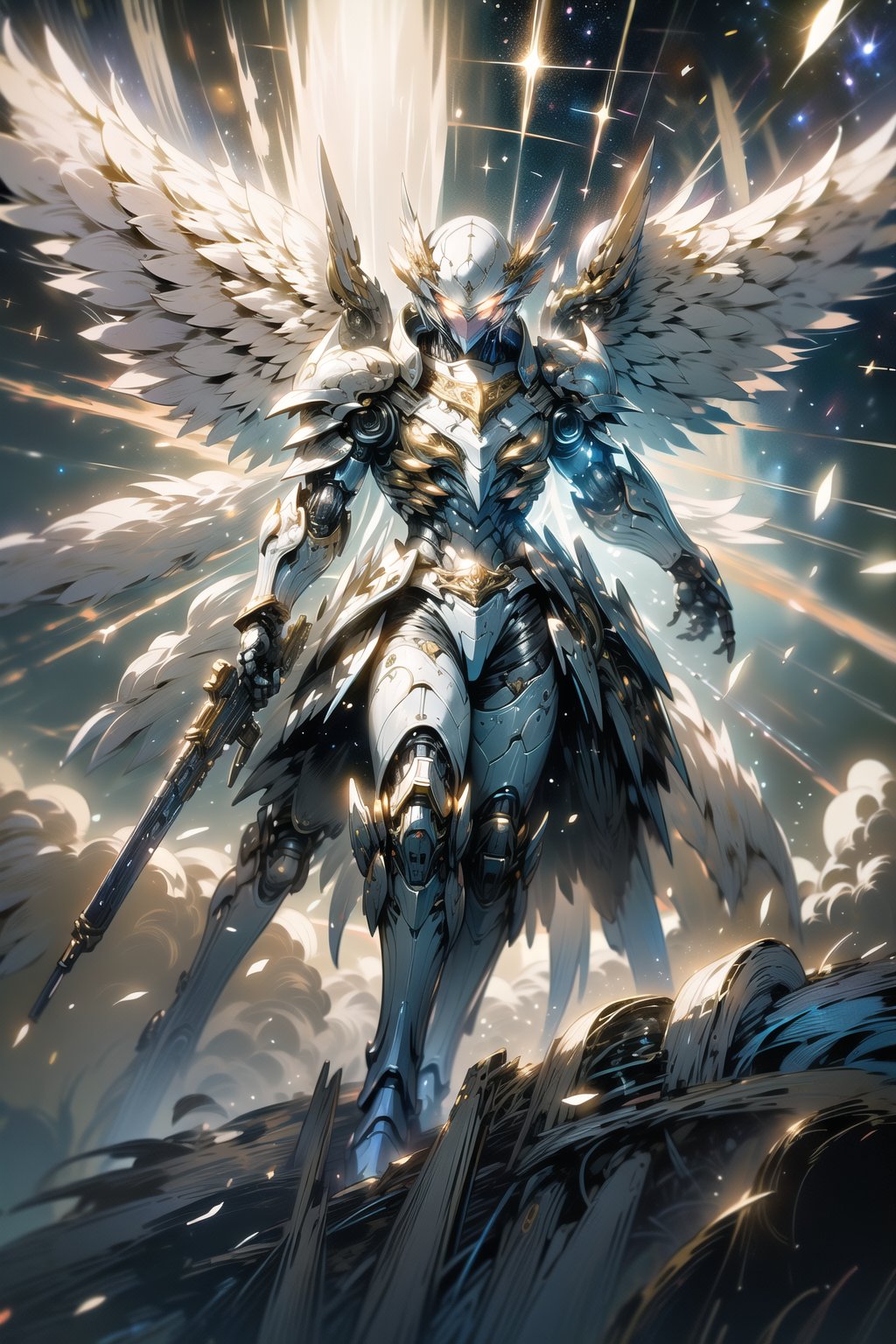 (masterpiece, best quality:1.3),extremely high detailed, intricate, 8k, HDR, wallpaper, cinematic lighting, ,(universe:1.4),gun,(firing), glowing, armor, glowing eyes, mecha, large wings, <lora:AngelicMecha:1>