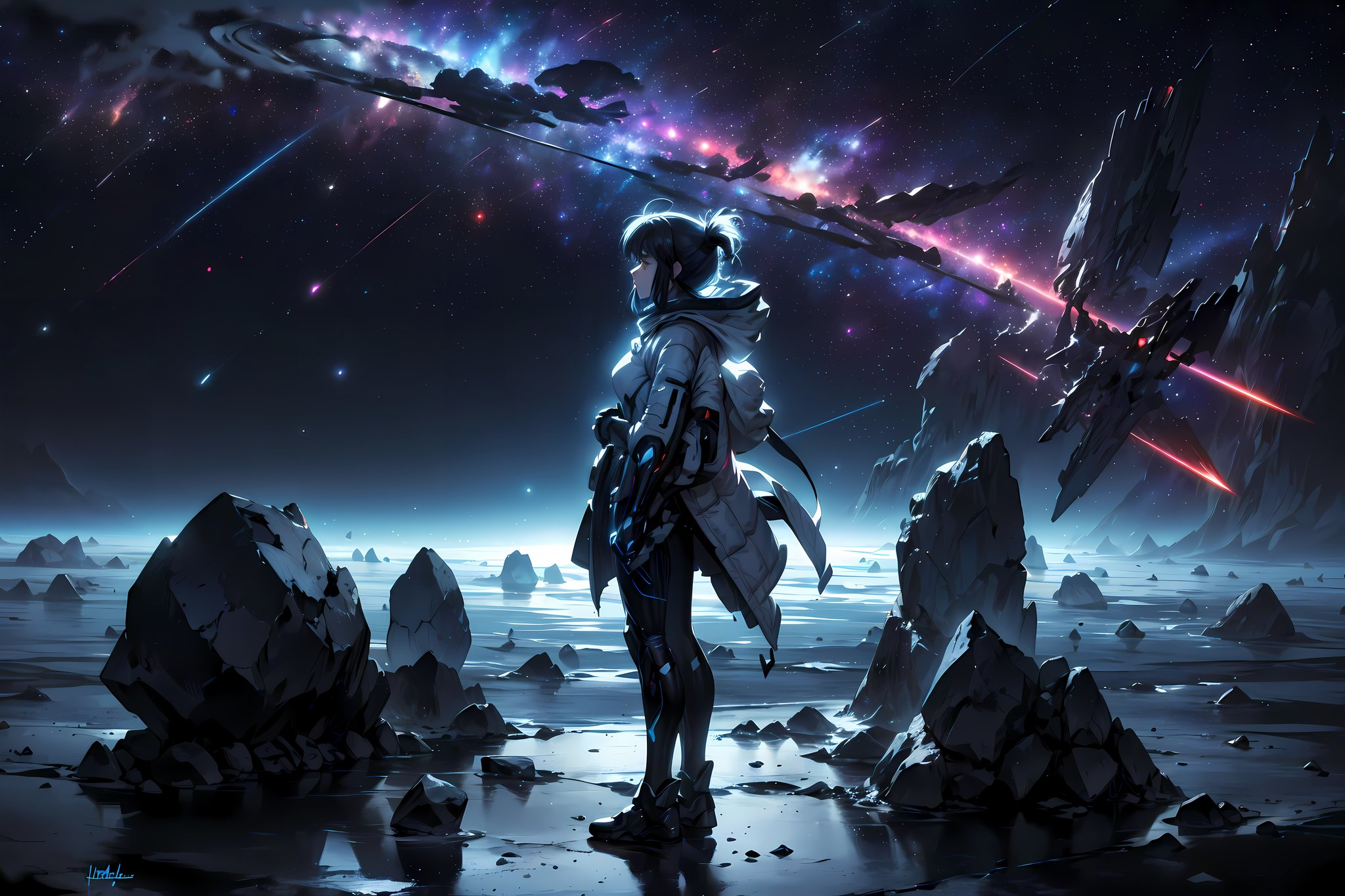 (atmospheric), (panorama) 1girl, (profile view), (fullbody), perfect face, floating stones, colored smoke, glowing stuff, ambient lighting, lightstreak, galaxy skies, (space scenery)