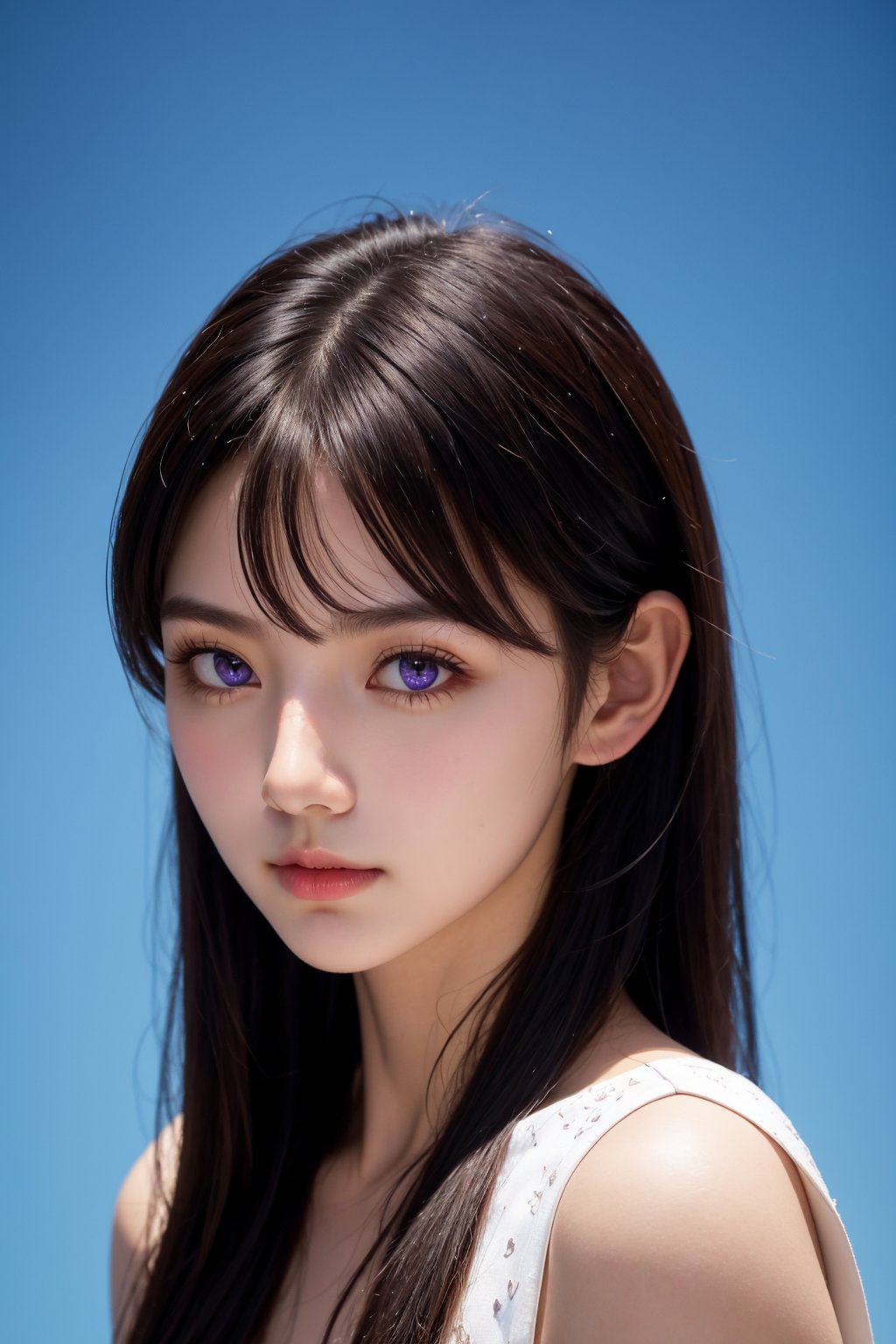 <lora:AgainEyes:1>,1girl,black hair,portrait,white dress,purple eyes,shining eyes,blue simple background,