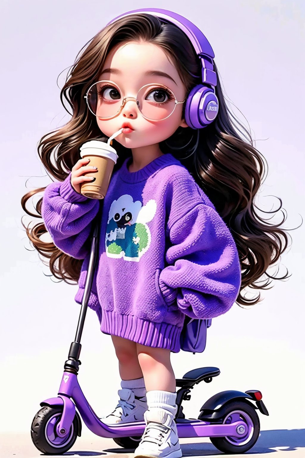 <lora:cka01:0.8>,cka01, 1girl, long hair, solo, headphones, cup, shoes, full body, white footwear, holding, sunglasses, drinking straw, holding cup, purple jacket, standing, looking at viewer, black hair, sneakers, socks, hand in pocket, disposable cup, long sleeves, very long hair, wavy hair, jacket, white socks, sweater, brown hair, drinking, oversized clothes, simple background, lips, bubble tea, black eyes, white background, shadow, purple sweater, coat, ground vehicle, sleeves past wrists, child, round eyewear, bag, best quality, ultra-detailed, masterpiece, finely detail, highres, 8k wallpaper