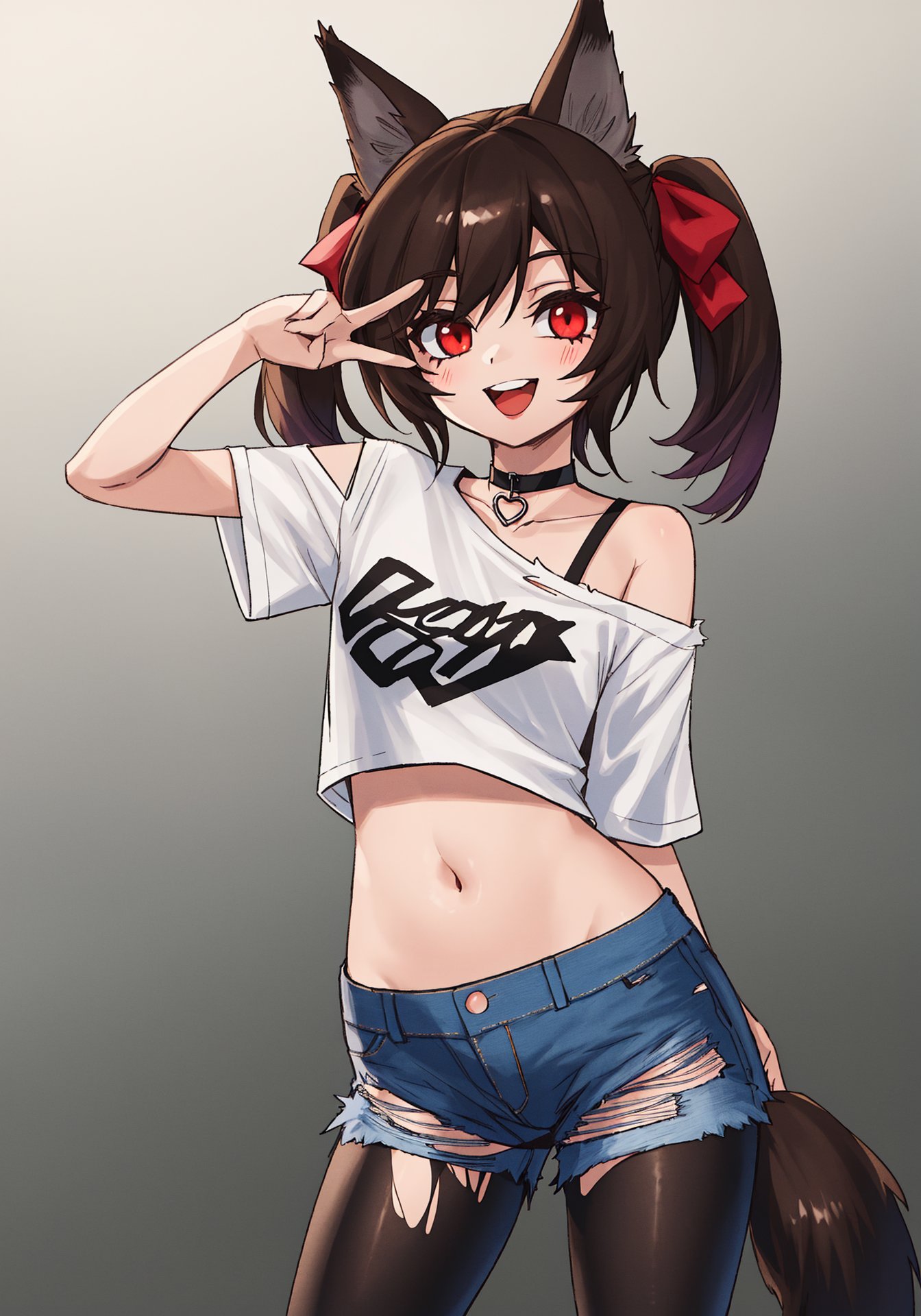 1girl, solo, wolf ears, brown hair, long hair, twintails, bangs, hair bow, hair ribbon, red eyes, open mouth, upper teeth, smile, v, looking at viewer, shoulder cutout, off-shoulder shirt, bare shoulders, collarbone, black choker, white shirt, bra strap, choker, off shoulder, clothes writing, contrapposto, cutoffs, midriff, navel, wolf tail, black legwear, torn legwear, torn shorts, denim shorts, standing, gradient, gradient background, cowboy shot,best quality,amazing quality,very aesthetic,absurdres,