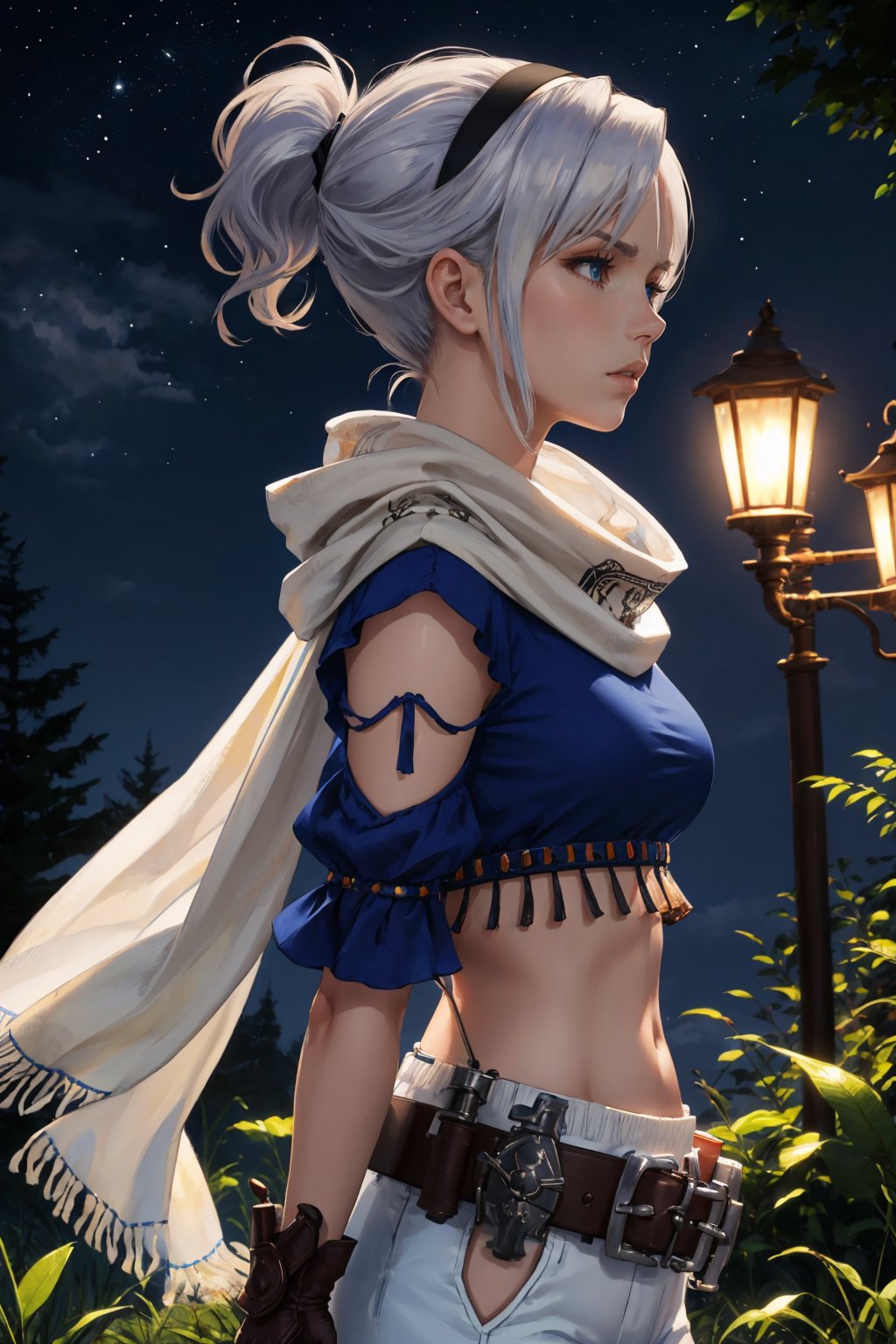 masterpiece, best quality, 1girl,  <lora:adelle-nvwls-v1-000009:0.9> adelle, short ponytail, black hairband, white scarf, blue shirt, midriff, white pants, belt, fingerless gloves, medium breasts, from side, furrowed brow, serious, night sky, forest