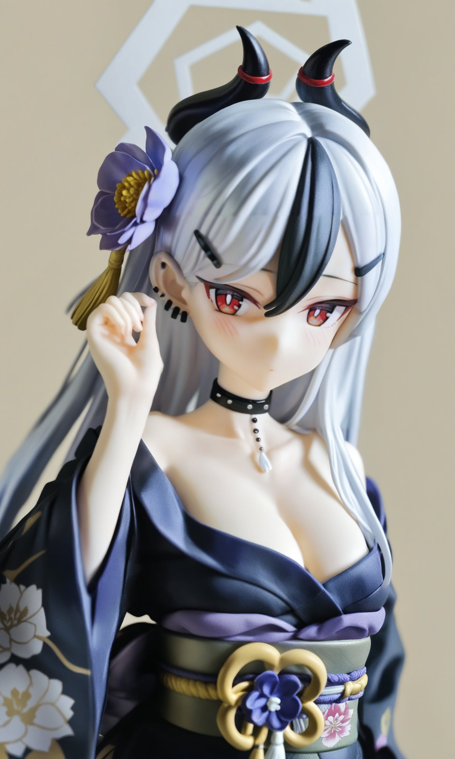 figure,masterpiece,best quality,<lora:kayoko:1>,1girl,kayoko_\(blue_archive\),multicolored_hair,red_eyes,solo,kimono,horns,hair_ornament,japanese_clothes,sash,black_hair,halo,obi,looking_at_viewer,white_hair,white_background,bangs,choker,simple_background,two-tone_hair,hairclip,long_hair,black_kimono,ear_piercing,upper_body,official_alternate_costume,piercing,hair_flower,flower,closed_mouth,asymmetrical_bangs,gradient_hair,hair_down,earclip,black_choker,