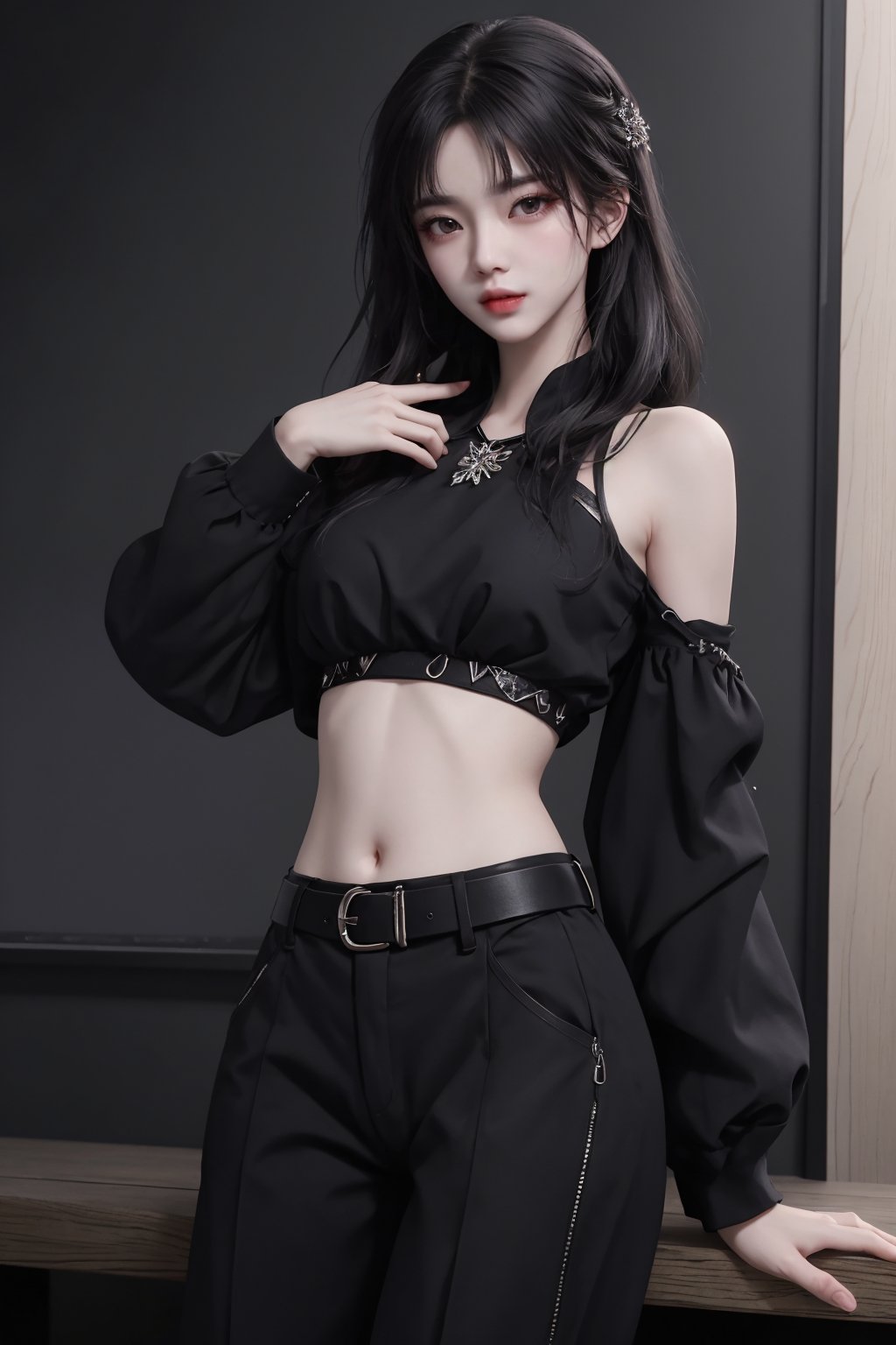 masterpiece, best quality, masterpiece,best quality,official art,extremely detailed CG unity 8k wallpaper,woman,photorealistic, masterpiece, realistic,araffed woman in black top and black pants posing for a picture, jiyun chae, wavy long - length black hair, shoulder-length black hair, lu ji, +81 magazine, wavy shoulder-length hair, kim hyun joo, physical : tinyest midriff ever, tinyest midriff ever, Wang Yuanqi, black wavy hair with bangs, long thin black hair, huge belt, female actress from korea, Du Qiong, Huang Ji, Qian Du, portrait of female korean idol, wavy long black hair, black long hair, shoulder length black hair, id magazine, Hu Zaobin, dilraba dilmurat, wavy black hair, black wavy hair, no logo, beautiful midriff, jia, Chen Jiru, gold belt, Luo Mu <lora:模特:0.8>