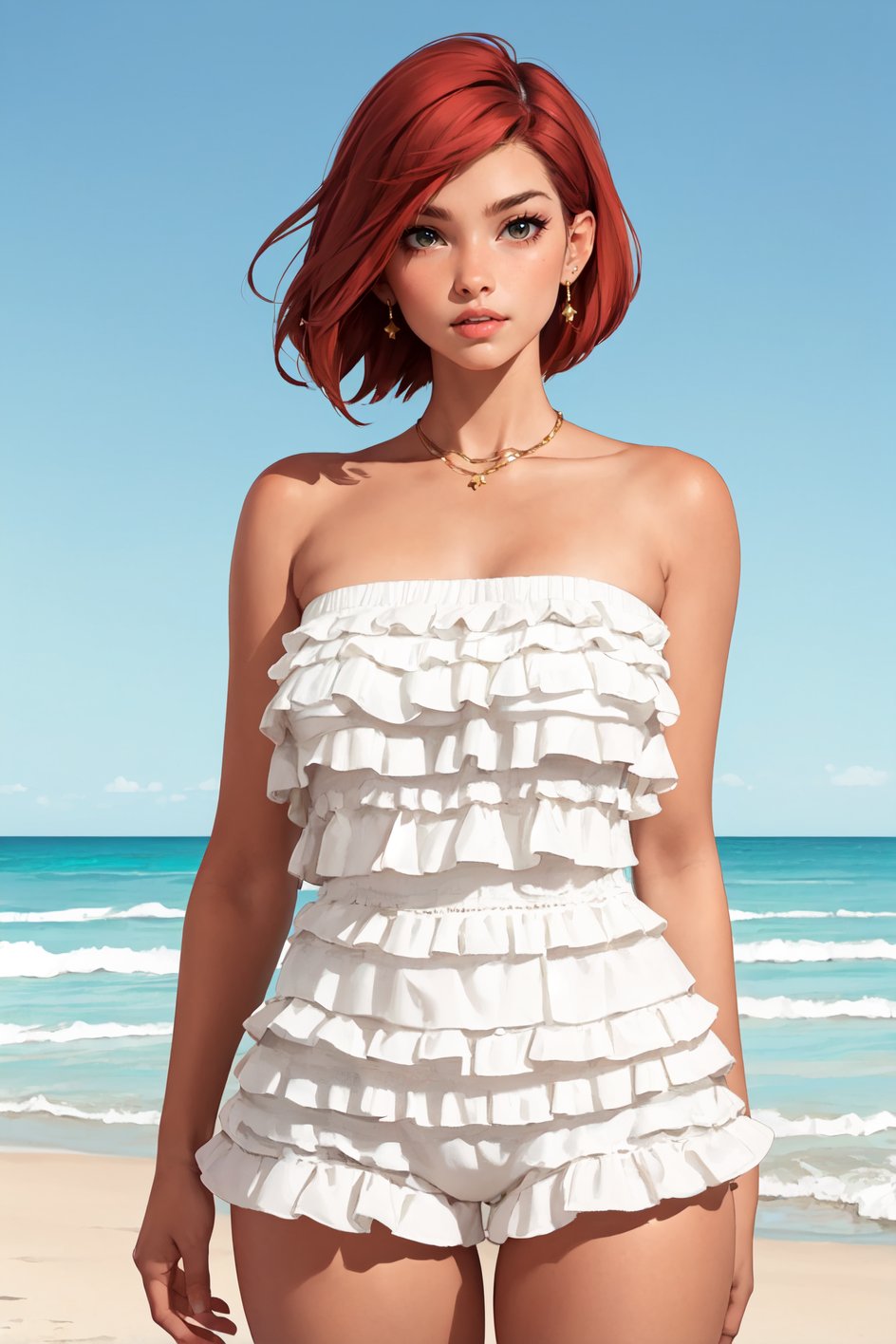 portrait, adult, curvy woman, (short red hair), rom_1, strapless white ruffled romper (standing on beach:1.3), <lora:rom_1-10:0.6>, earrings