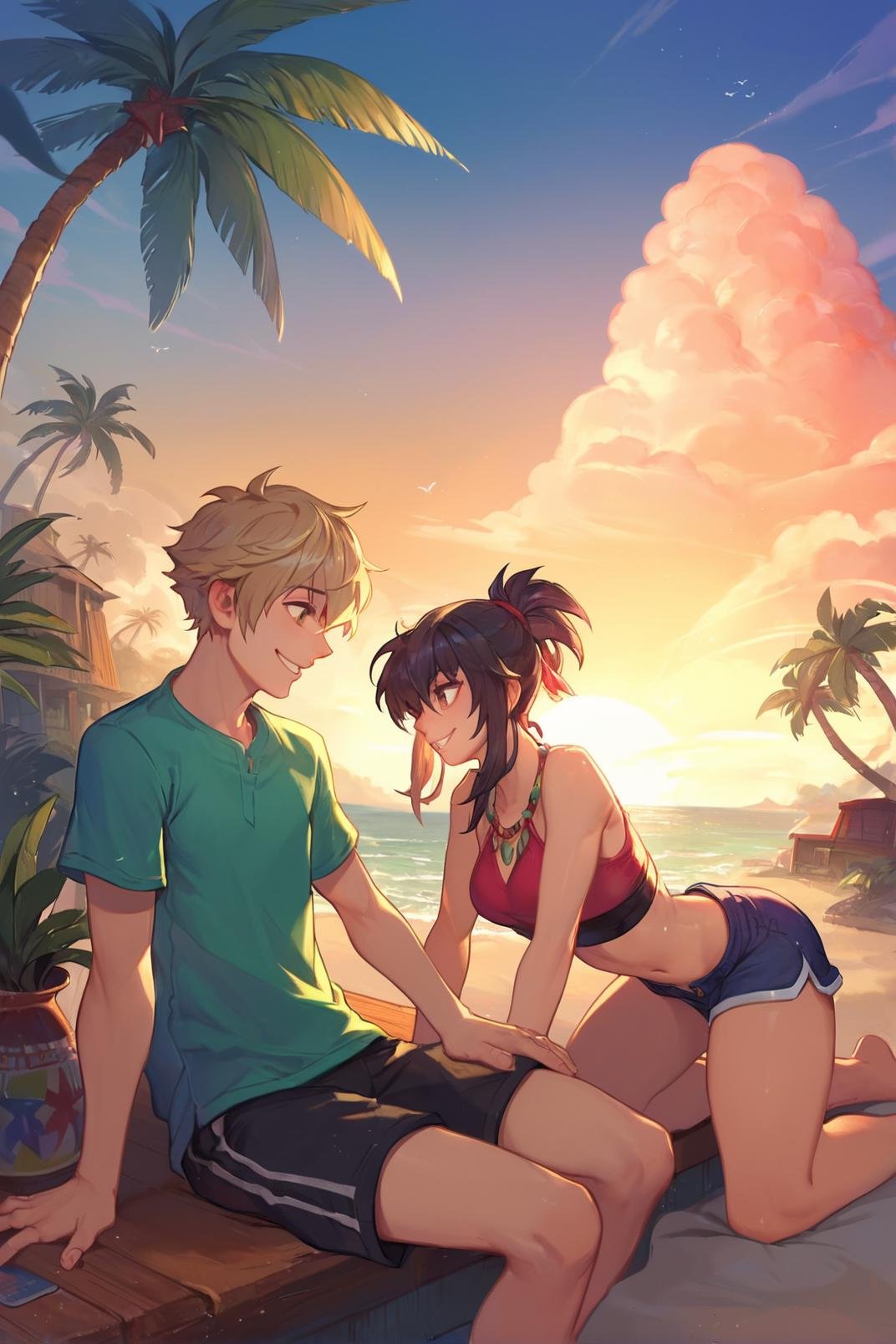 (zPDXL), 1girl, 1boy, sitting on a tropical beach, smiling, wearing shirt and shorts, morning sunlight, tiki hut, palm trees, cloudy sky