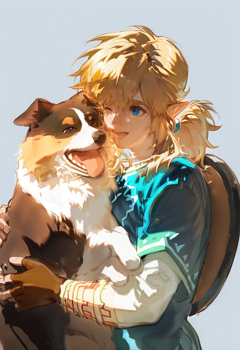 score_9, score_8_up, score_7_up, score_6_up, <lora:REDUMXL_P6_lokr_V53P1:0.95>   1boy, link, blonde hair, dog, gloves, male focus, pointy ears, fingerless gloves, one eye closed, animal, open mouth, upper body, blue eyes, smile, bangs, tongue, layered sleeves, holding, short over long sleeves, long sleeves, brown gloves, ponytail, hair between eyes, shirt, sidelocks, simple background, grey background, ;d, holding animal, shield, hug, medium hair, low ponytail, black gloves, licking another's face, blue shirt