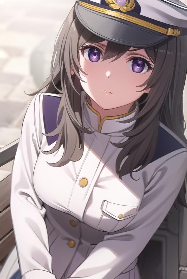 chinamoeka, <lora:china moeka s1-lora-nochekaiser:1>,china moeka, long hair, brown hair, (purple eyes:1.1),BREAK hair ornament, hat, hairclip, uniform, military, military uniform, peaked cap, naval uniform, (white uniform:1.5),BREAK outdoors, ship, navy,BREAK looking at viewer, (cowboy shot:1.5),BREAK <lyco:GoodHands-beta2:1>, (masterpiece:1.2), best quality, high resolution, unity 8k wallpaper, (illustration:0.8), (beautiful detailed eyes:1.6), extremely detailed face, perfect lighting, extremely detailed CG, (perfect hands, perfect anatomy),