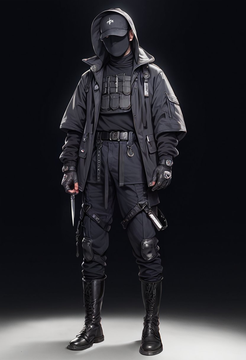 (score_9, score_8_up), score_7_up, zPDXL, dark_techwear, solo, gloves, long sleeves, 1boy, holding, standing, jacket, full body, male focus, boots, belt, pants, hood, black footwear, helmet, knife, 1other, hood up, hooded coat, ambiguous gender, doctor, black background, simple background<lora:dark_techwear-000016:0.9>