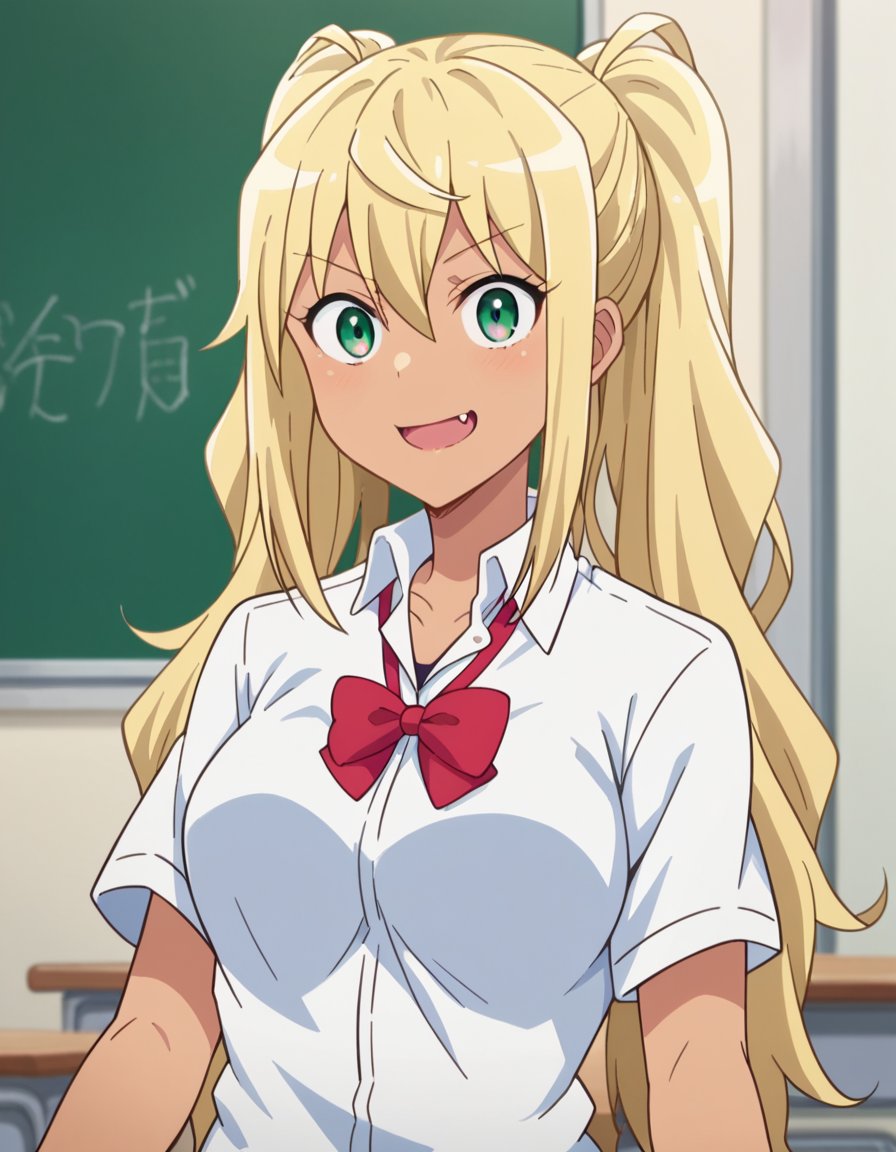 score_9, score_8_up, score_7_up, source_anime,hibikisakura, <lora:hibiki-sakura-s1-ponyxl-lora-nochekaiser:1>hibiki sakura, long hair, blonde hair, hair between eyes, twintails, green eyes, fang, dark skin, dark-skinned female, gyaru, mature female,skirt, shirt, bow, school uniform, white shirt, short sleeves, collared shirt, bowtie, red bow, red bowtie,indoors, classroom, smile,looking at viewer, dutch angle, cowboy shot