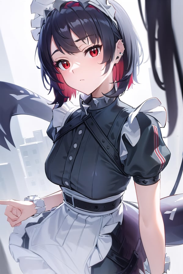 ellenjoe, <lora:ellen joe-lora-nochekaiser:1>,ellen joe, black hair, colored inner hair, multicolored hair, (red eyes:1.3), red hair, short hair, two-tone hair,BREAK bapron, black pantyhose, black shirt, black skirt, ear piercing, fins, fish tail, maid, maid apron, maid headdress, pantyhose, piercing, puffy short sleeves, puffy sleeves, shark girl, shark tail, shirt, short sleeves, skirt, tail, two-tone hair, wrist cuffs,BREAK outdoors, city, sky, clouds, sun, buildings, crowd, people, alley,BREAK looking at viewer, (cowboy shot:1.5),BREAK <lyco:GoodHands-beta2:1>, (masterpiece:1.2), best quality, high resolution, unity 8k wallpaper, (illustration:0.8), (beautiful detailed eyes:1.6), extremely detailed face, perfect lighting, extremely detailed CG, (perfect hands, perfect anatomy),