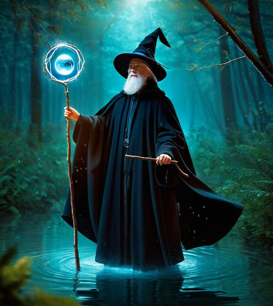 (Game CG style:1.2),((water drops)),wet clothes,((beautiful detailed water)),((floating)),dynamic angle,Game CG style,this dark wizard holds a staff with branches,wearing a long cloak and a hat,holding a circular magic circle in his hand,staff,cloak,hat,branches,magic circle,forest,mystery,magic,