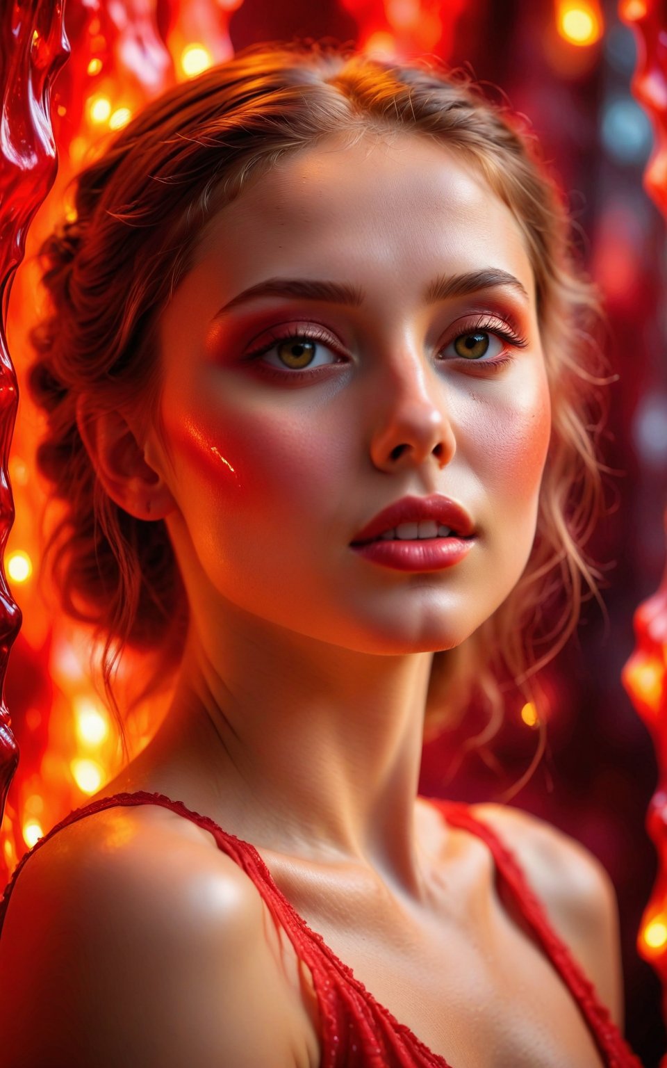 (best quality, 4K, 8K, high-resolution, masterpiece), ultra-detailed, photorealistic, young stunning woman, ethereal glow, red hues, soft lighting, melting effect, surreal atmosphere, digital art.