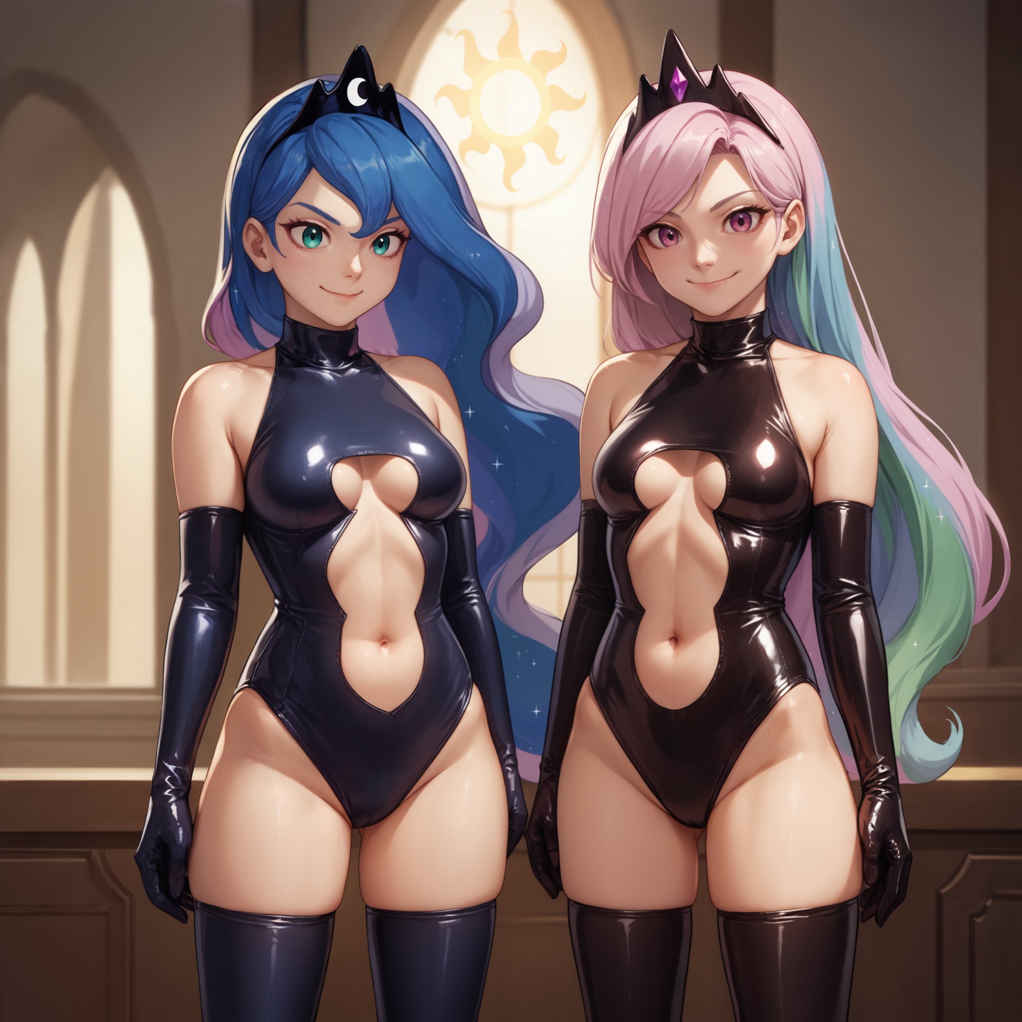 score_9, score_8_up, score_7_up, source_anime,human princess celestia, human princess luna, 2girls, evil smile, closed mouth, medium breasts, latex princess, stomach cutout, bare shoulders,solo, cowboy shot, standing, indoors,  <lora:latex-princess3-005:0.8> 