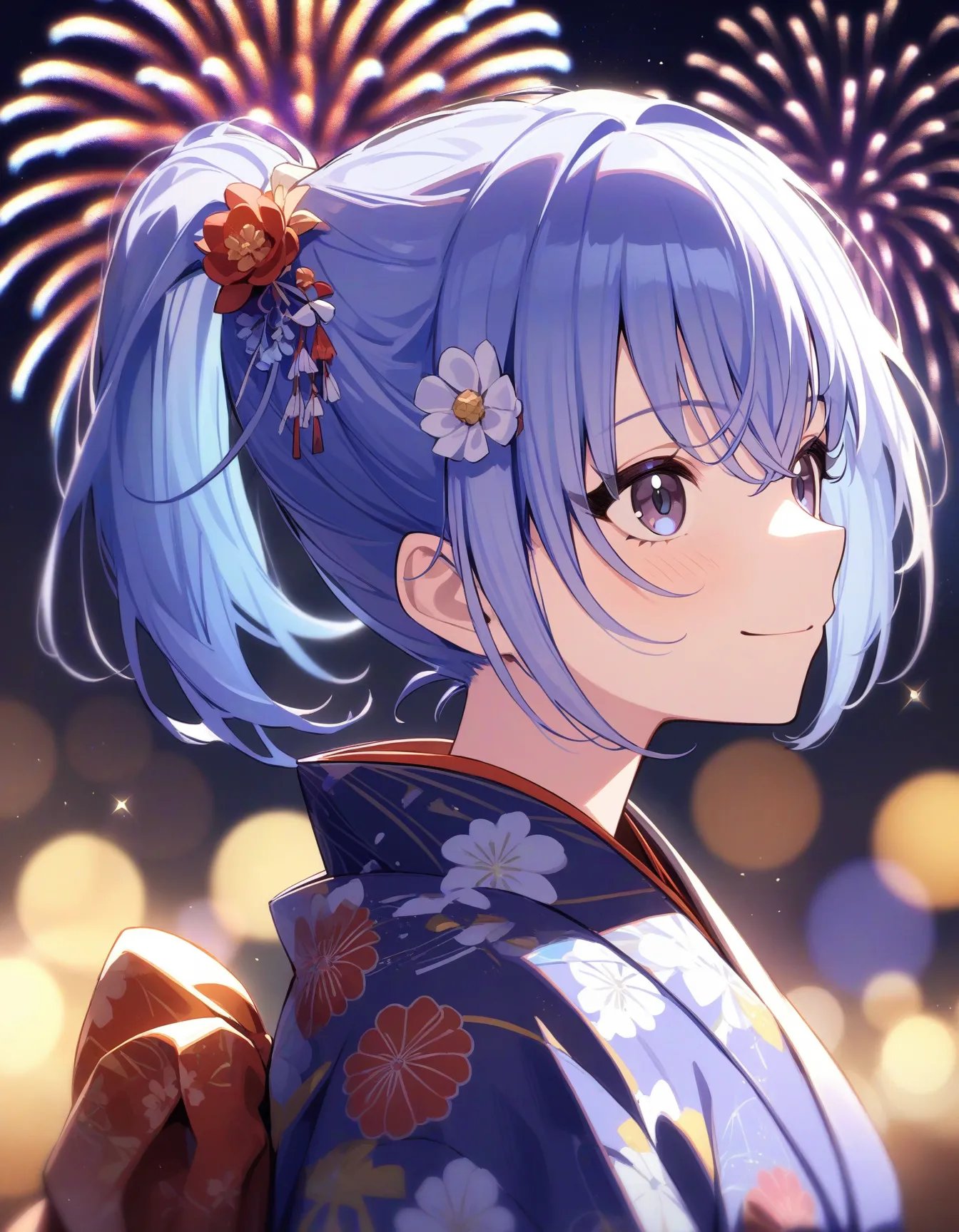 h_suzuki, 1girl, blue hair, smile, medium hair, night, outdoor, looking up, indoor, closed mouth, bangs, blush, upper body, japanese clothes, kimono, obi, ponytail, hair ornament, flower ornament, aerial fireworks, fireworks, from side, sparkle, depth of field, bokeh, blurrymasterpiece, best quality, very aesthetic, absurdres <lora:a31_h_suzukiXL:1>