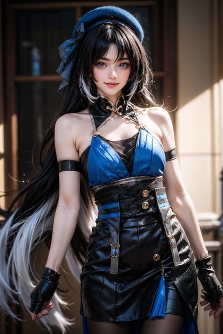 cowboy shot,1girl,solo,smile,looking at viewer,standing,yangyang cosplay costume,yangyang,cosplay,black hair,long hair,multicolored hair,white hair,dress,hat,bare shoulders,detached collar,single glove,arm strap,gloves,pantyhose,black pantyhose,<lora:WutheringWaves_Yangyang_cosplay_costume_v1:0.7>,