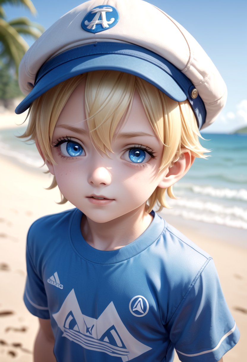 1boy, aoki, blonde hair, hat, masterpiece, ultra detail, beach, blue eyes, cute shirt, shorts, standing, full shot,(masterpiece:1.2), best quality, high resolution, unity 8k wallpaper, (illustration:0.8), (beautiful detailed eyes:1.6), extremely detailed face, perfect lighting, extremely detailed CG, (perfect anatomy),