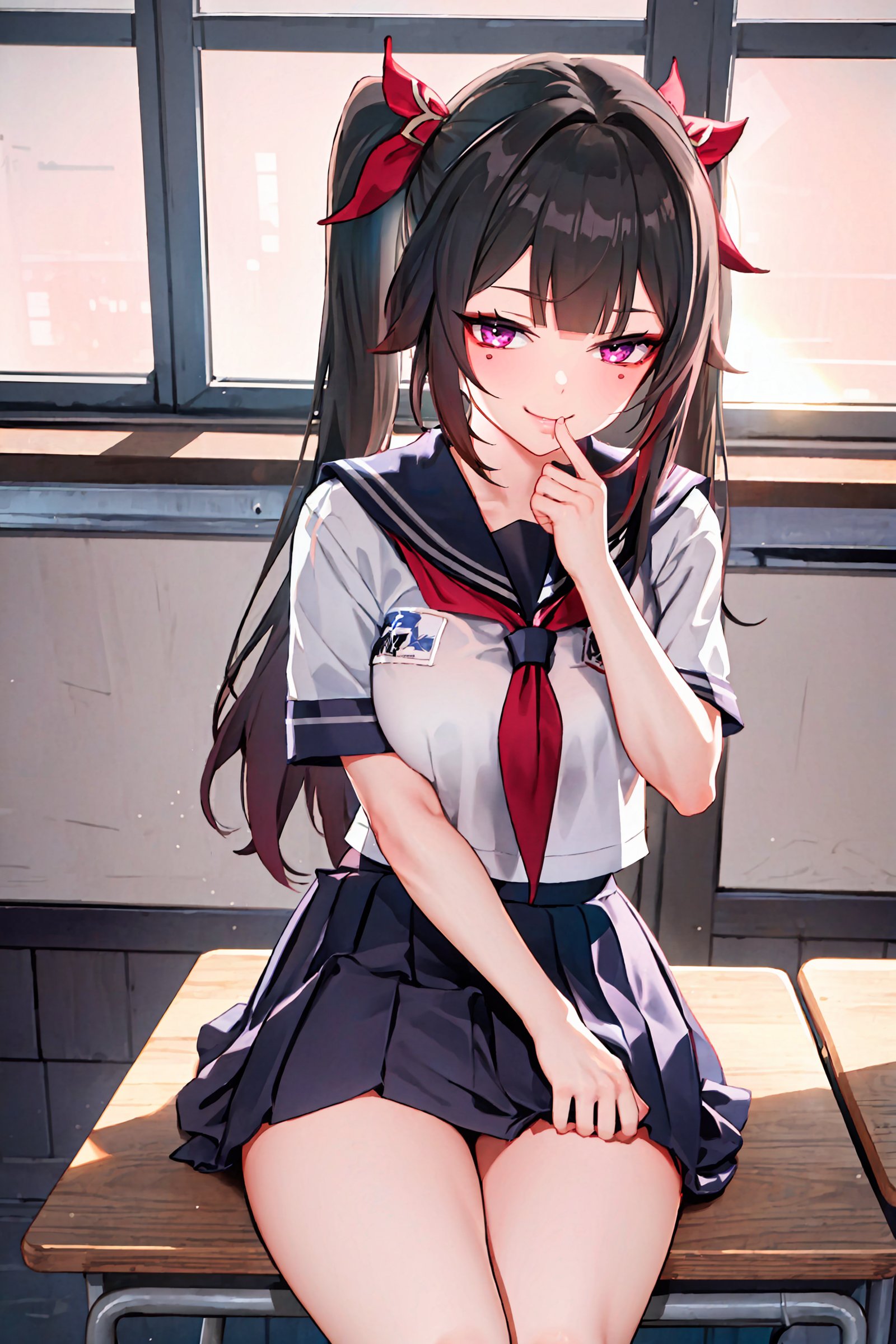 1girl, sparkle \(honkai: star rail\), twintails, school uniform, serafuku, cowboy shot, sitting on desk, hand to own mouth, backlighting, sunbeam, sunset, classroom, indoors, window, facing viewer,  looking at viewer, depth of field, gasping, ecstasy, seductive smile, <lora:face-smirkingeye:0.8>