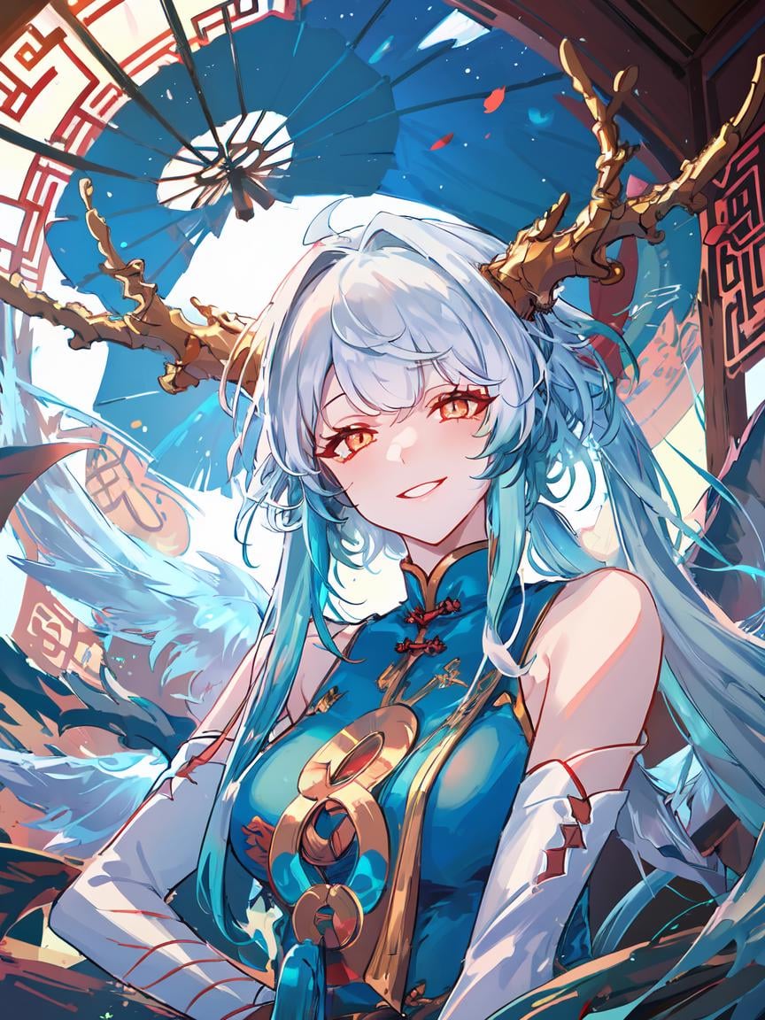 highres,best quality,highres,<lora:ShadowverseSilongV4:0.8>,glowing eyes,shaded face,from below,evil smile,dragon horns,1girl,wings,looking at viewer,fan,holding,open fan,close-up,portrait,chinese clothes,bare shoulders