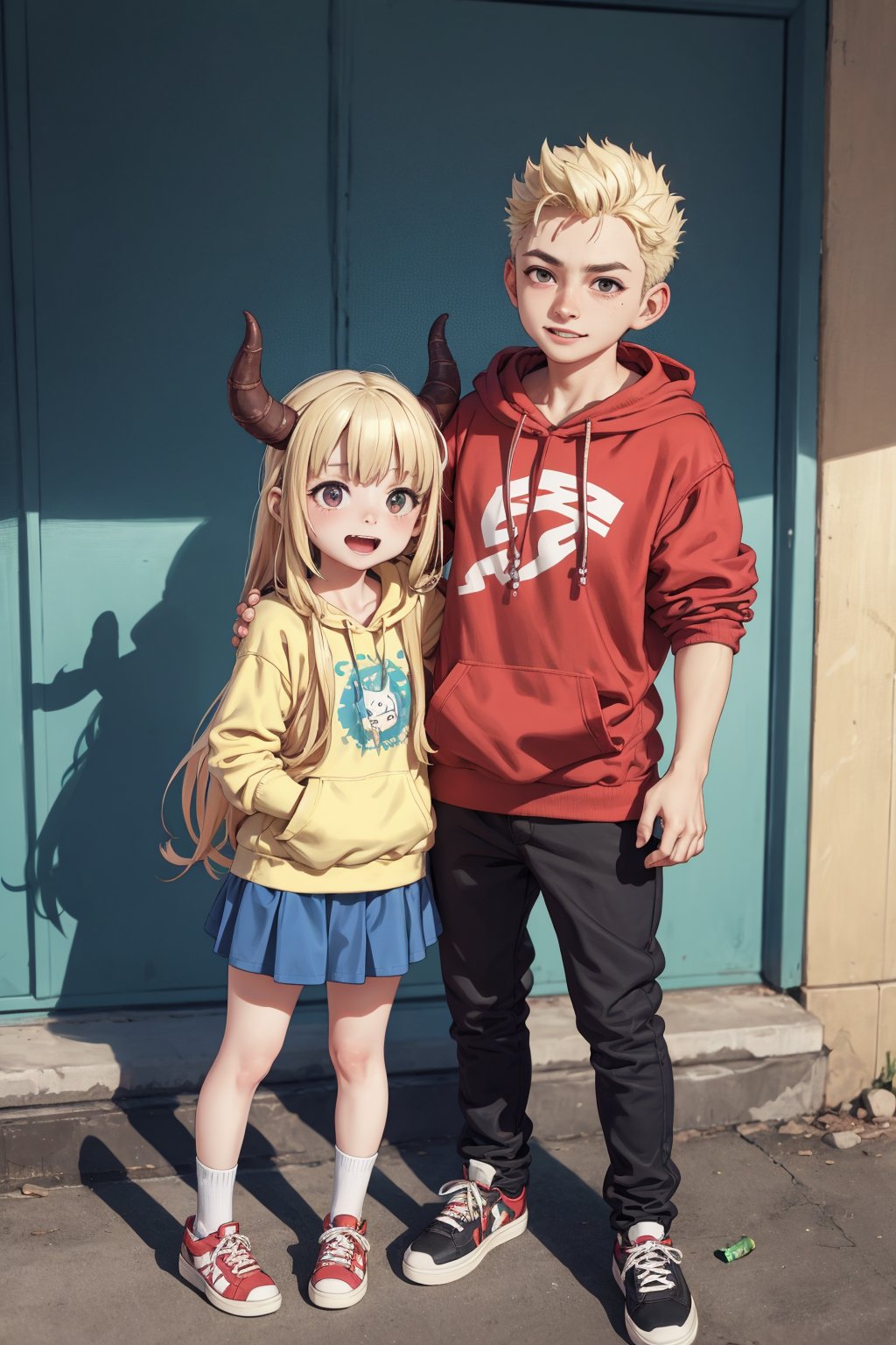 1boy,1girl,absurdres,adidas,arm_around_shoulder,blonde_hair,blue_pants,blue_skirt,brown_eyes,can,chainsaw_man,commentary,cropped_hoodie,denji_(chainsaw_man),drink_can,highres,holding,holding_can,hood,hoodie,horns,jeff_miga,miniskirt,open_mouth,pants,pepsi,power_(chainsaw_man),red_horns,red_socks,sharp_teeth,shoes,skirt,smile,sneakers,socks,soda_can,teeth,tongue,tongue_out,track_pants,v,best quality,masterpiece,(loli:1.5),(5yo:1.5),(very_long_hair,:1.3),