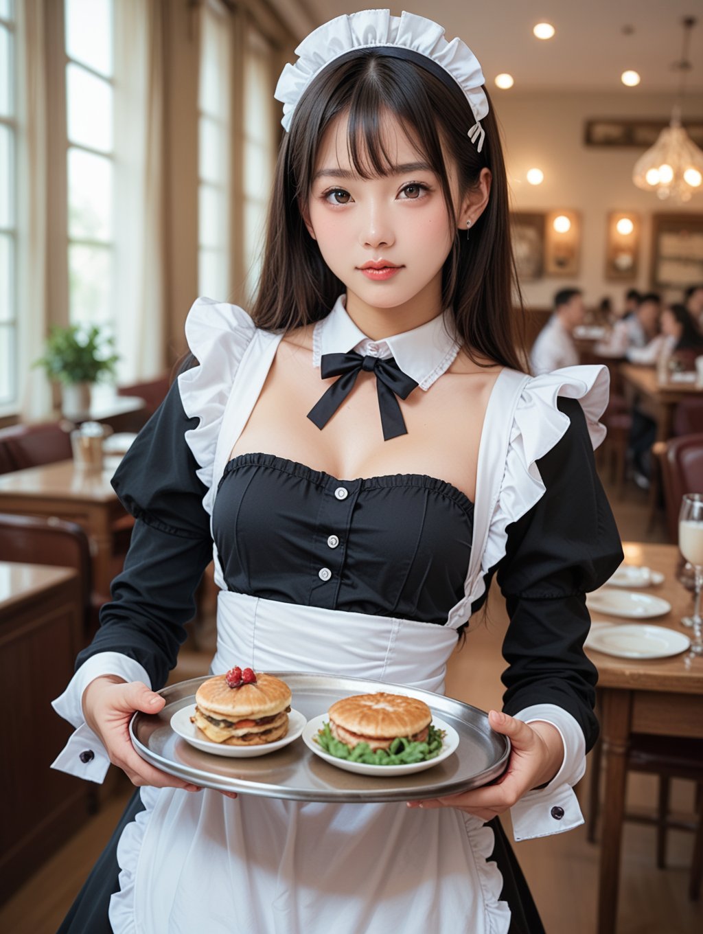 score_9, score_8_up, score_7_up,1girl, maid, holding tray, cute face